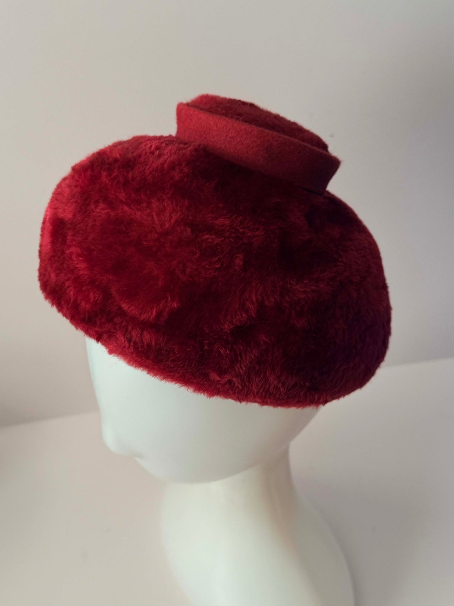 Vintage 1960s Frank Olive Ruby Art Red Hat | Italian Fur Felt Velour Mod Hat | Designer Vintage Millinery