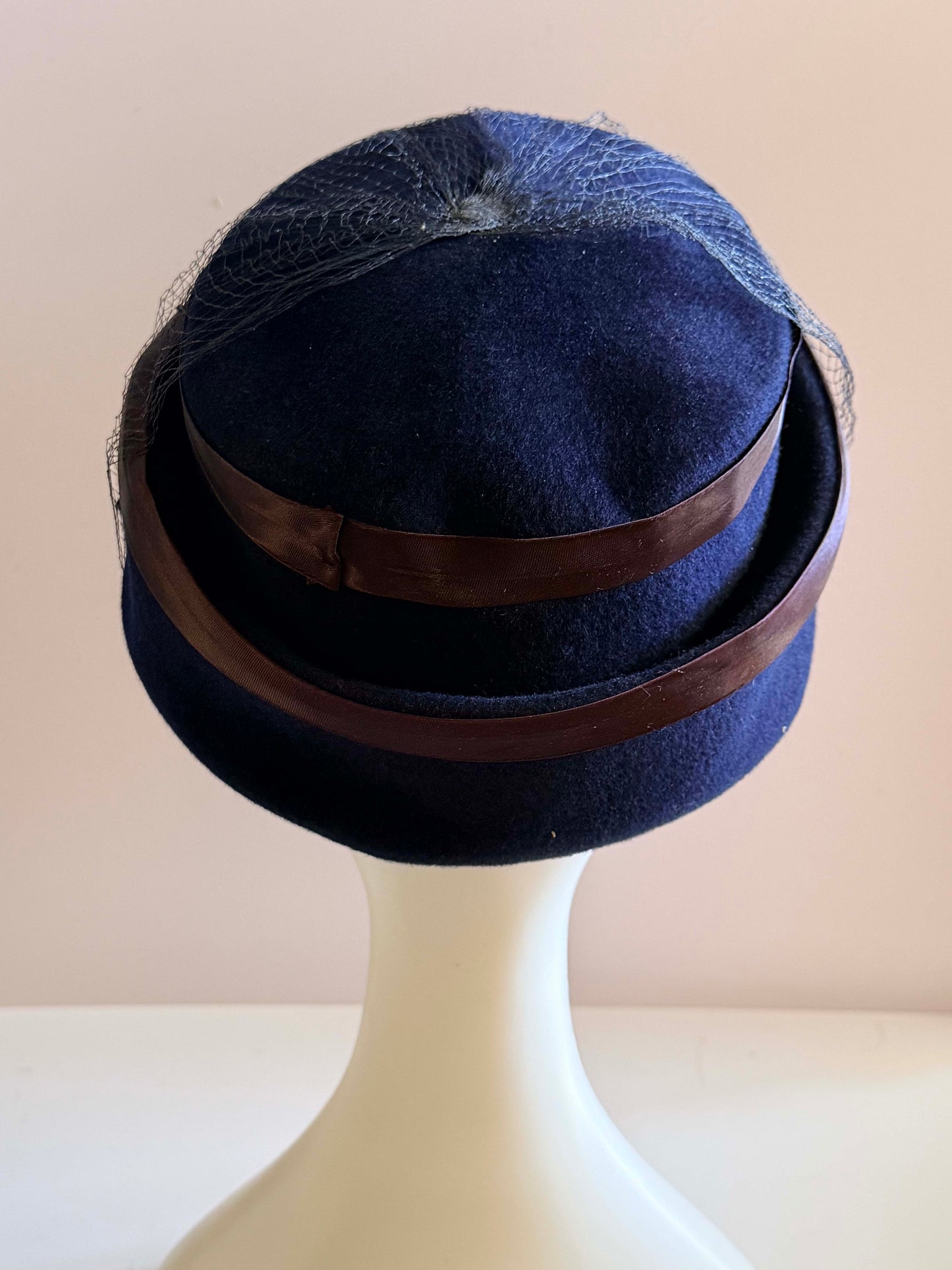 Vintage 1950s Navy Blue Felt Pillbox Hat Brown Ribbon Veil Cocktail Hat