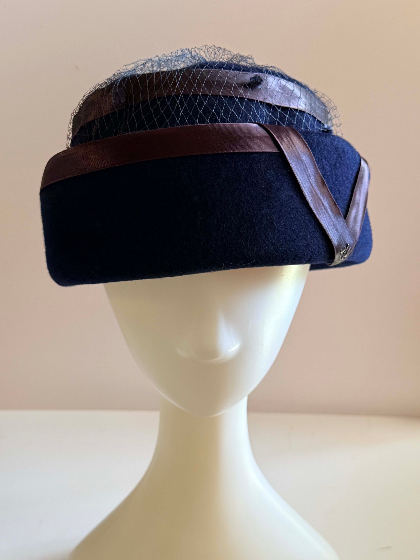 Vintage 1950s Navy Blue Felt Pillbox Hat Brown Ribbon Veil Cocktail Hat