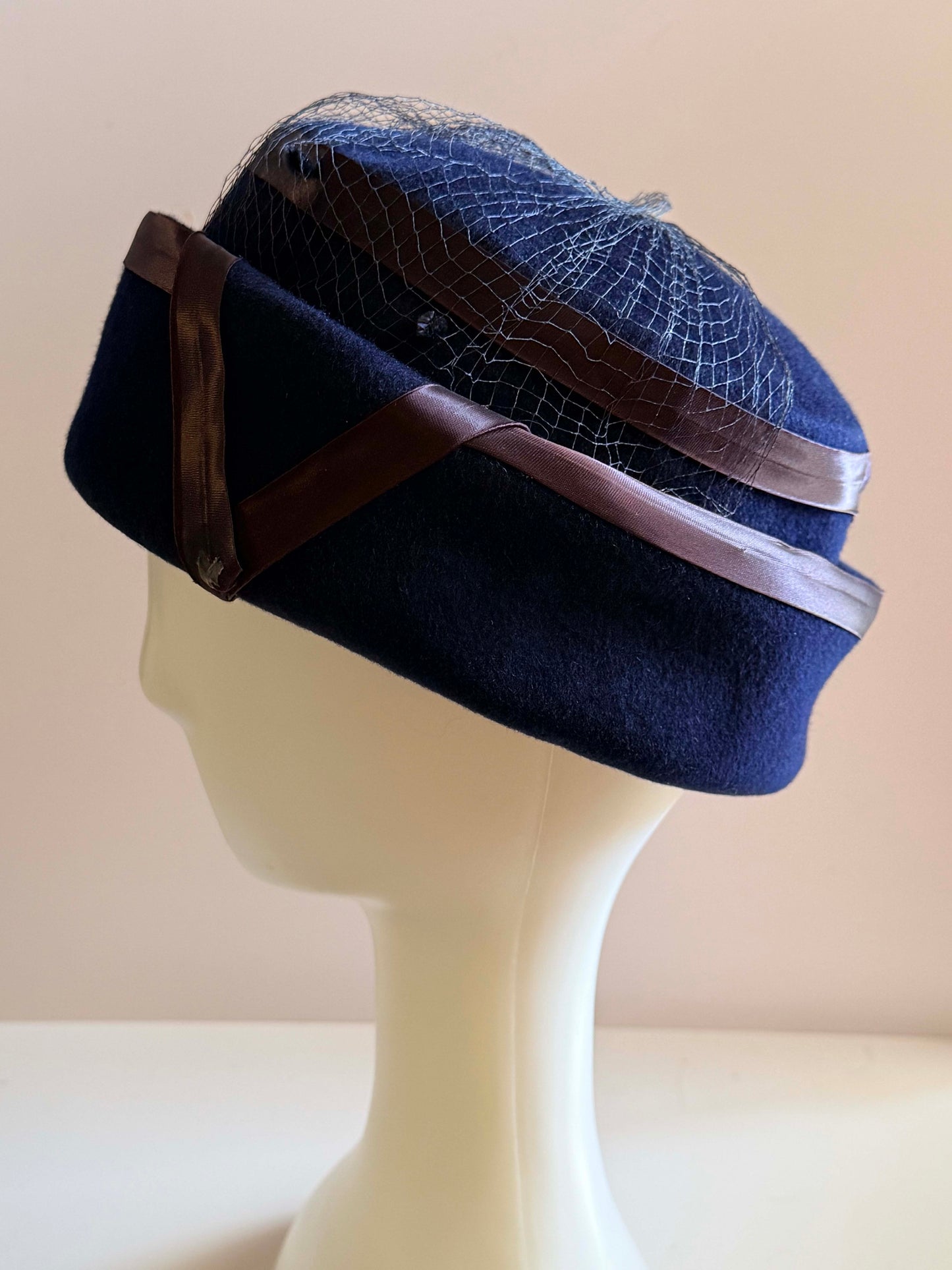Vintage 1950s Navy Blue Felt Pillbox Hat Brown Ribbon Veil Cocktail Hat