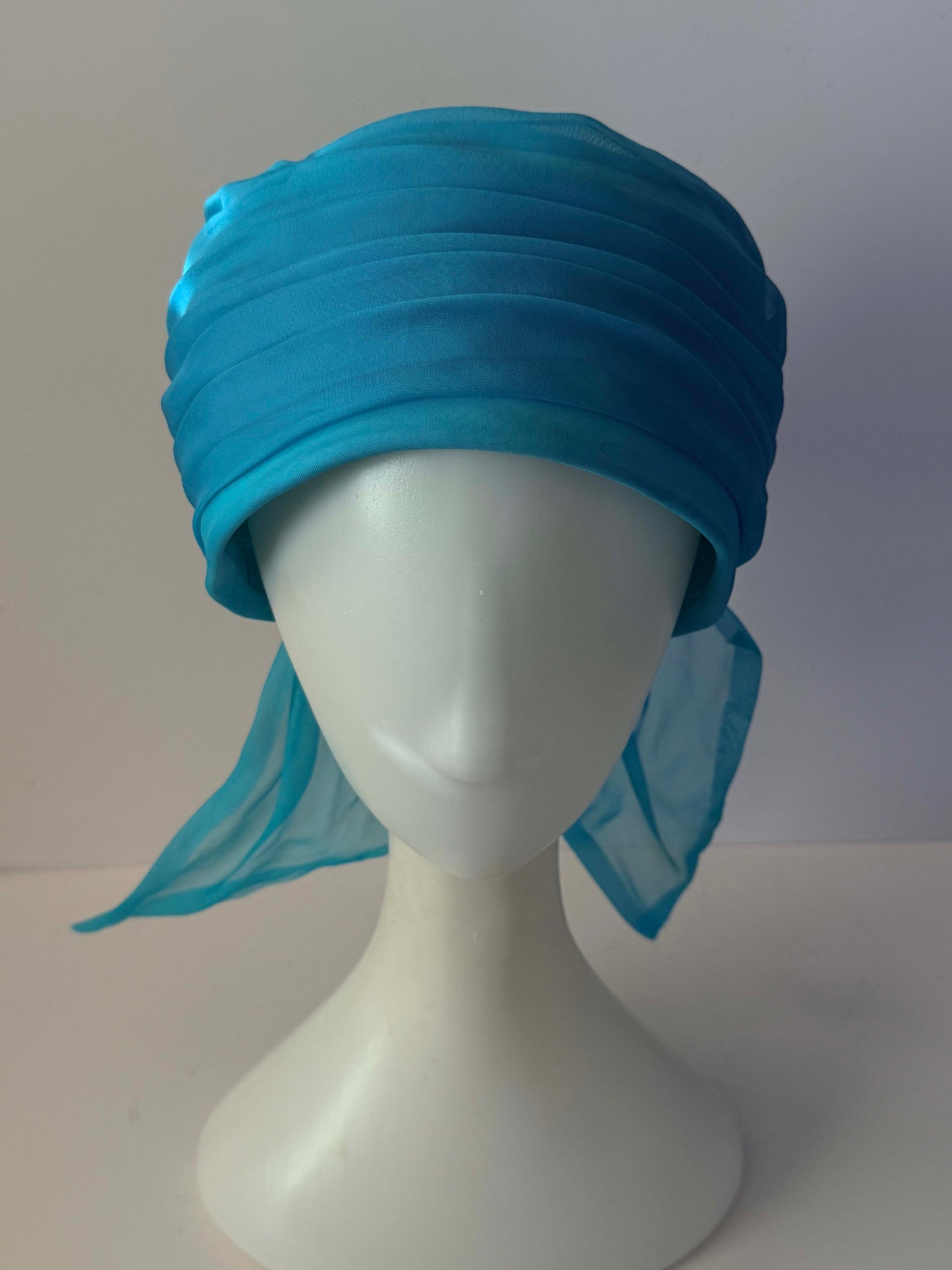 1960s Vintage Clover Lane Turquoise Blue Turban Hat | Chiffon Scarf Flower Cocktail Hat | Mid Century Millinery