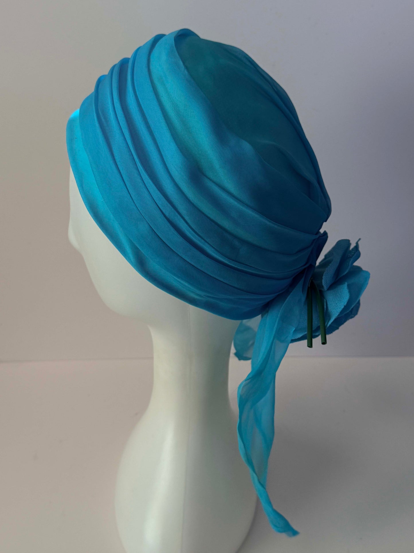1960s Vintage Clover Lane Turquoise Blue Turban Hat | Chiffon Scarf Flower Cocktail Hat | Mid Century Millinery