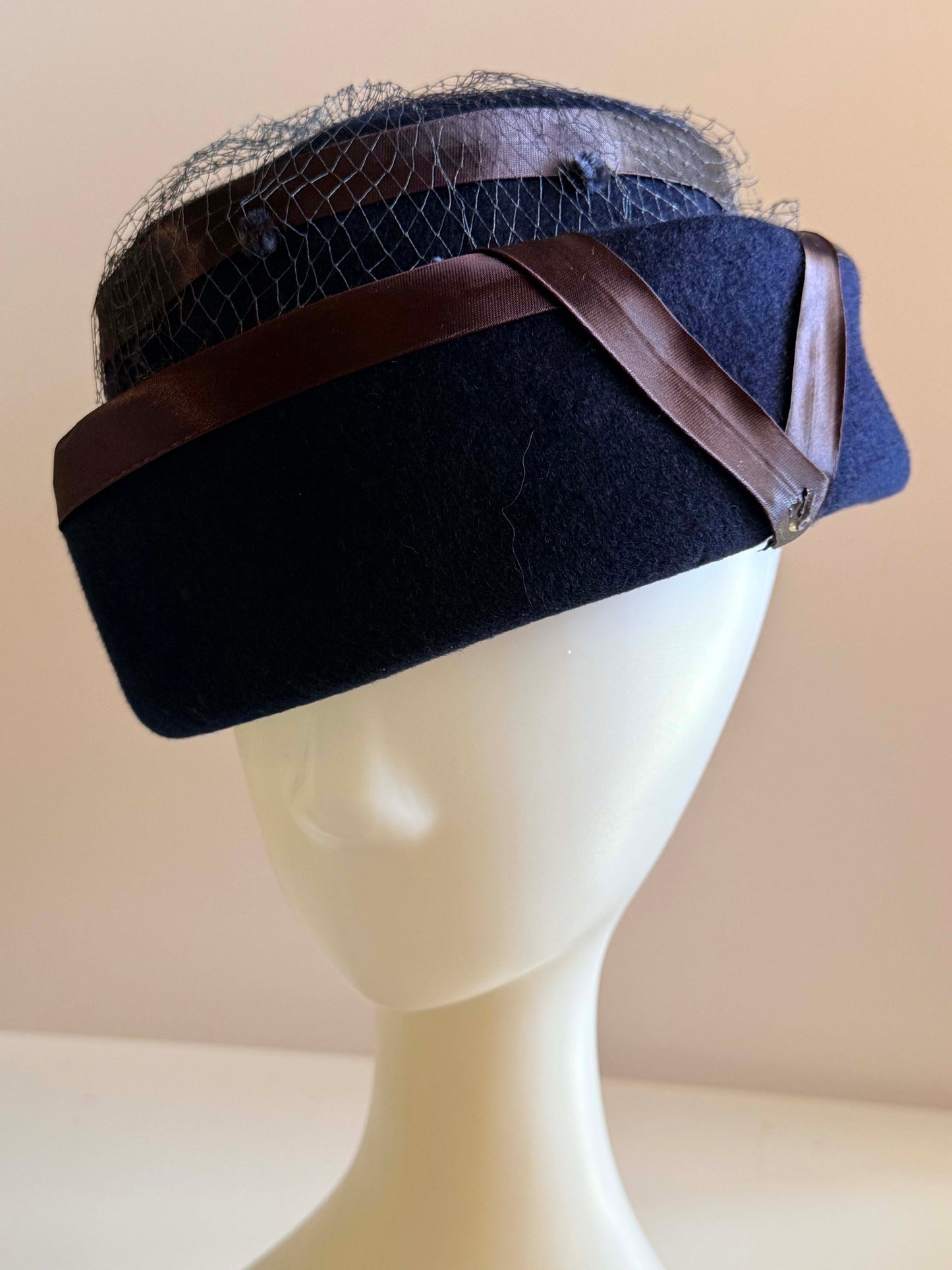 Vintage 1950s Navy Blue Felt Pillbox Hat Brown Ribbon Veil Cocktail Hat