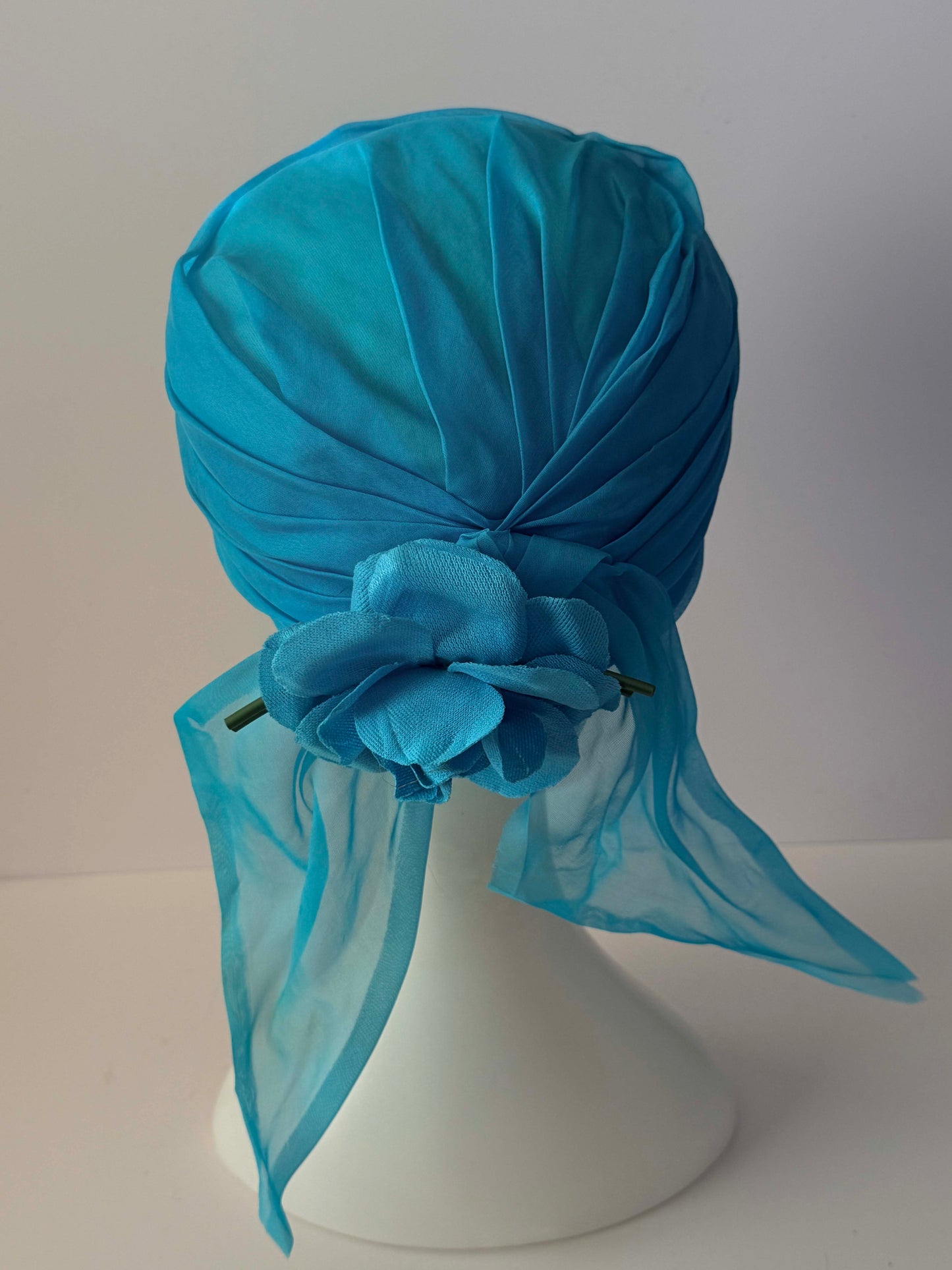 1960s Vintage Clover Lane Turquoise Blue Turban Hat | Chiffon Scarf Flower Cocktail Hat | Mid Century Millinery