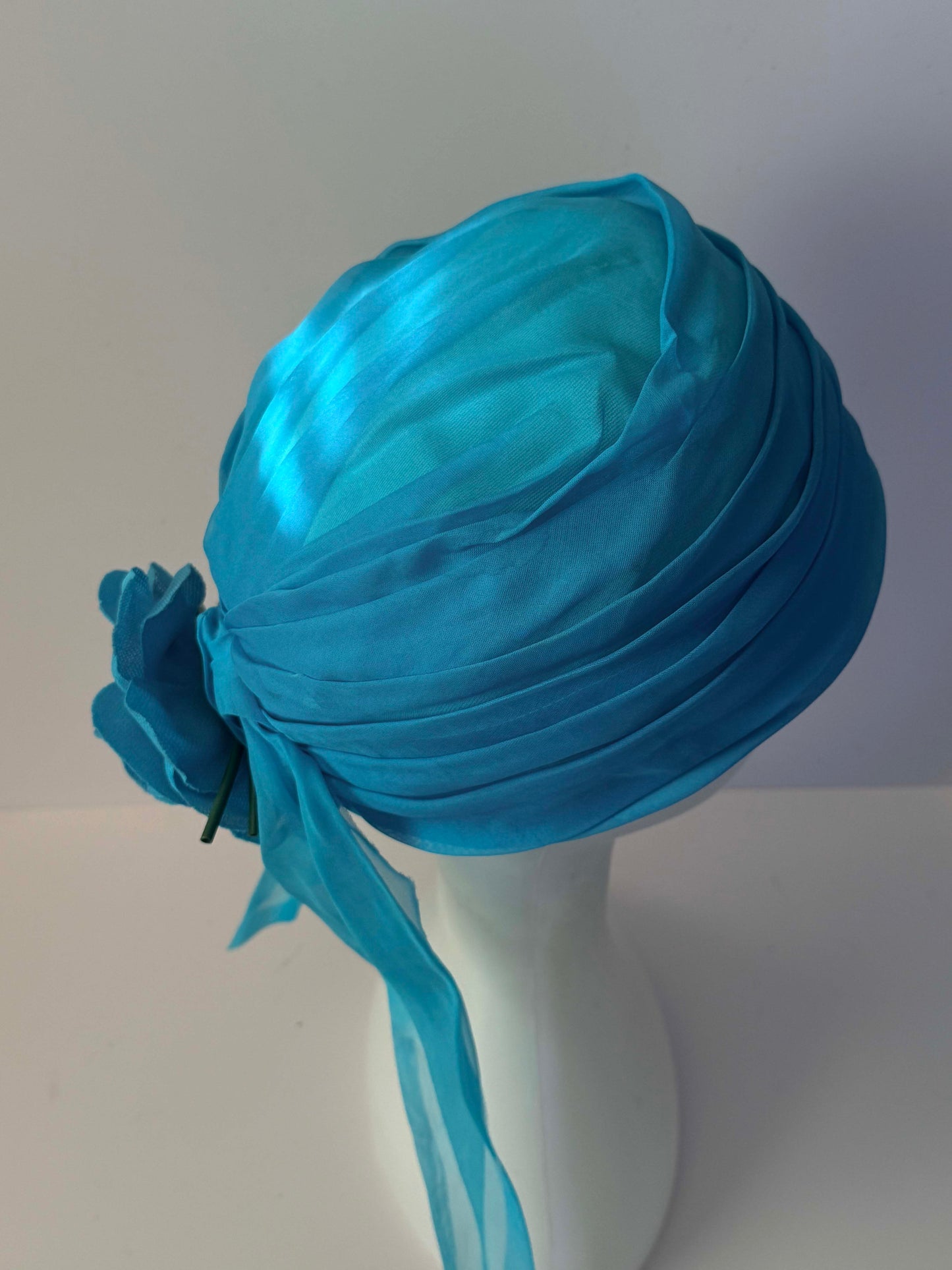 1960s Vintage Clover Lane Turquoise Blue Turban Hat | Chiffon Scarf Flower Cocktail Hat | Mid Century Millinery