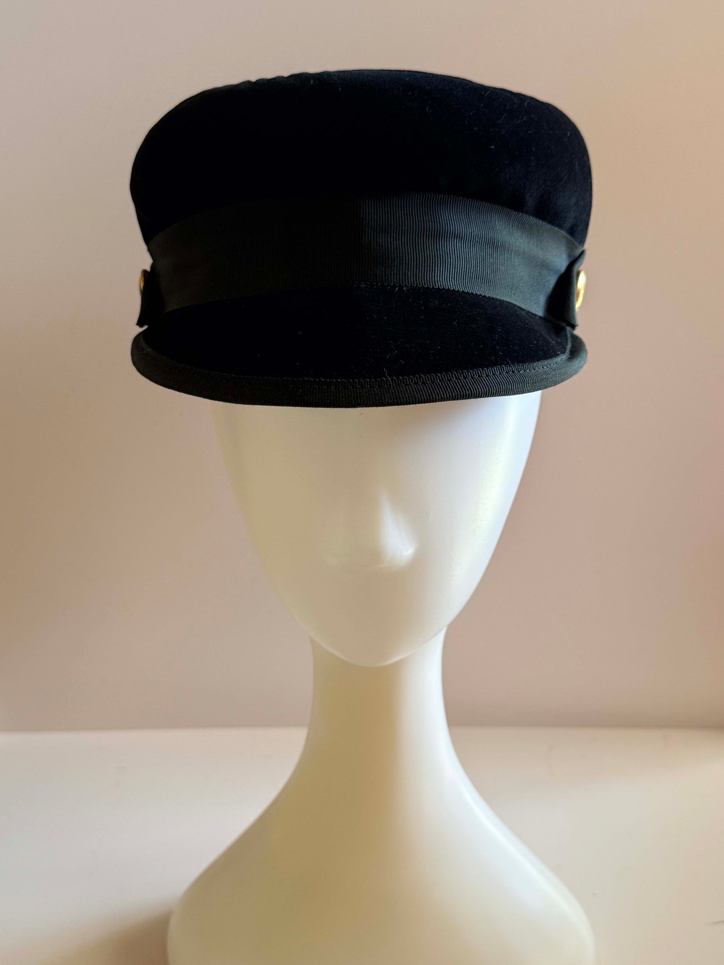 Vintage 1960s Black Velvet Newsboy Hat Military Cap Mod Gold Button Baker Boy Hat Structured Mid Century Cap