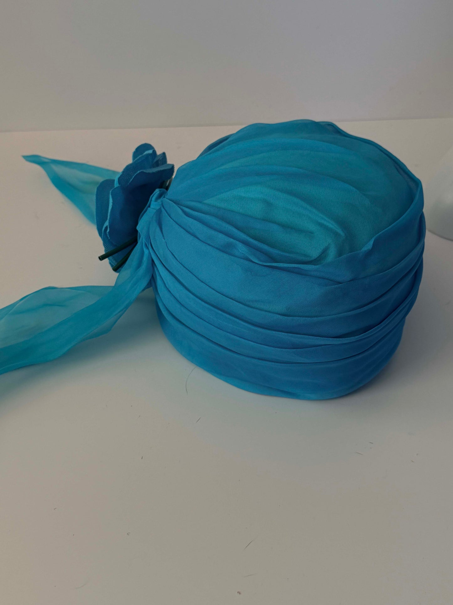 1960s Vintage Clover Lane Turquoise Blue Turban Hat | Chiffon Scarf Flower Cocktail Hat | Mid Century Millinery