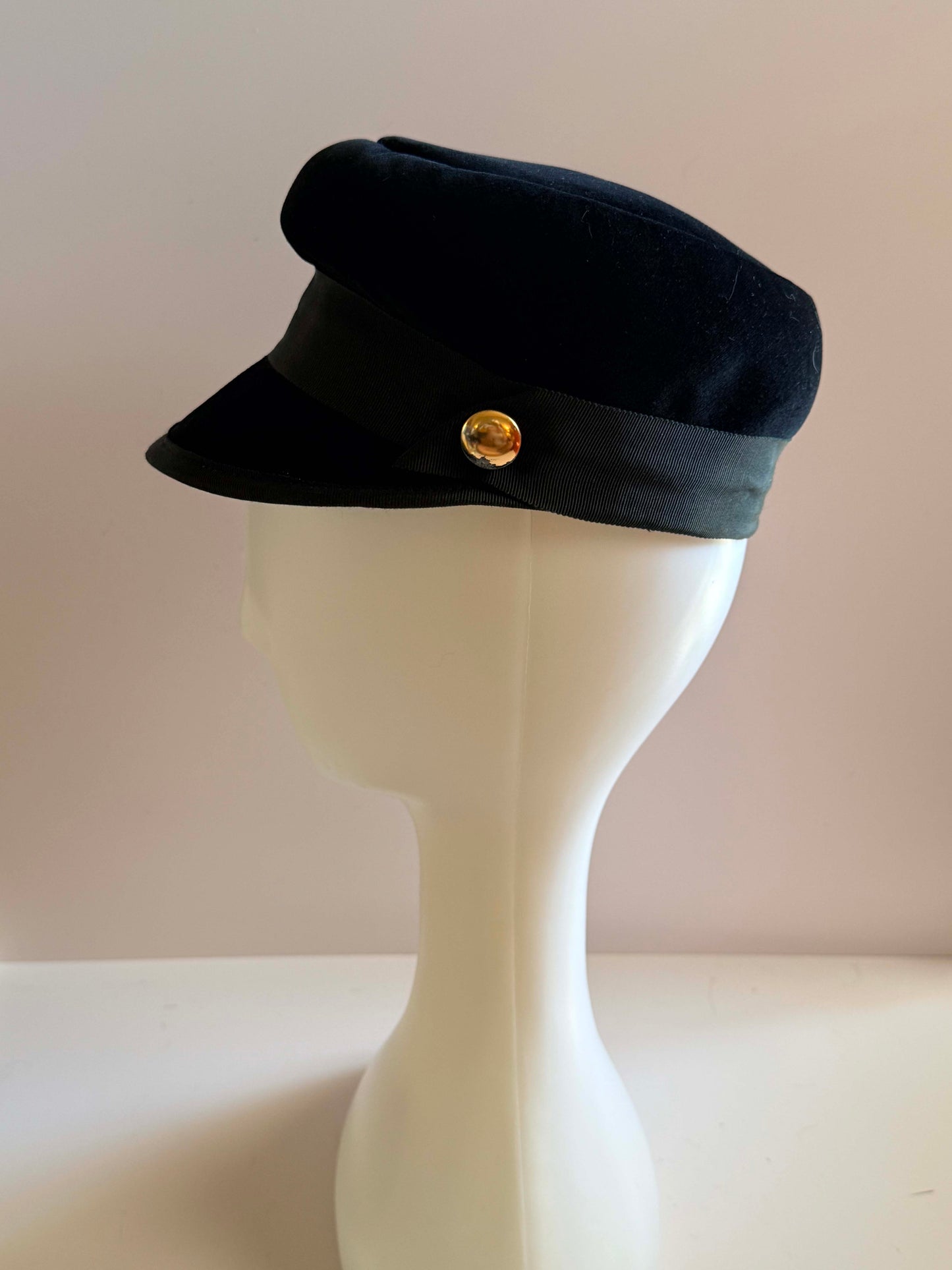 Vintage 1960s Black Velvet Newsboy Hat Military Cap Mod Gold Button Baker Boy Hat Structured Mid Century Cap