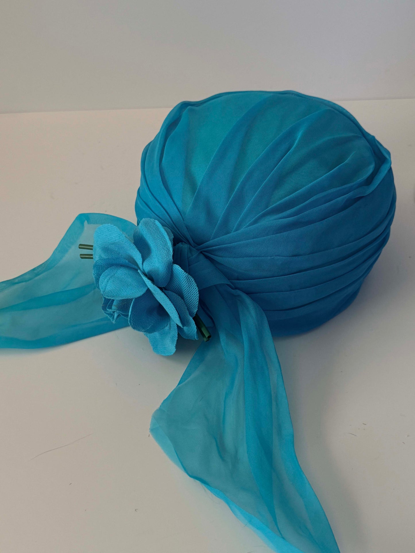 1960s Vintage Clover Lane Turquoise Blue Turban Hat | Chiffon Scarf Flower Cocktail Hat | Mid Century Millinery