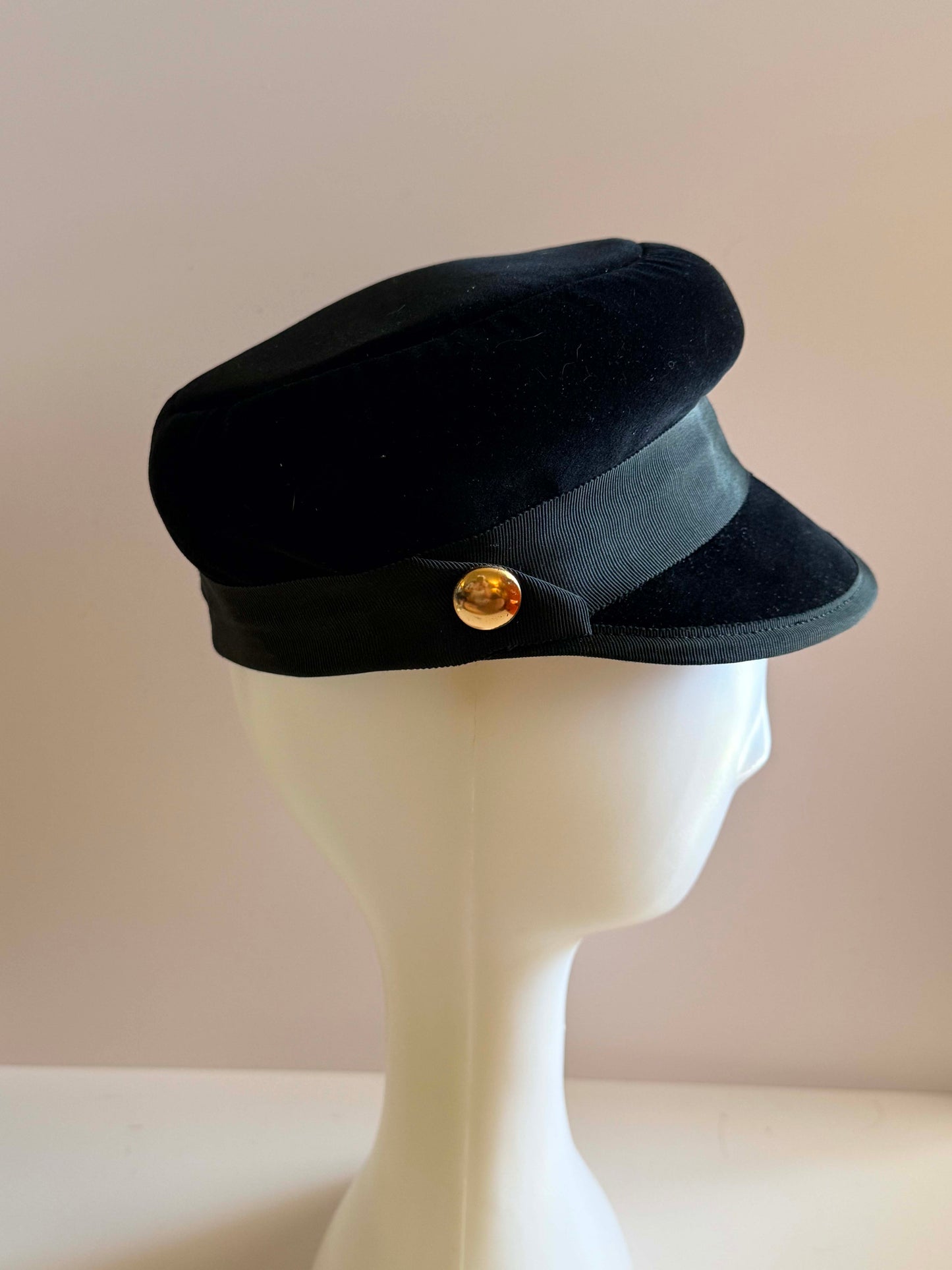 Vintage 1960s Black Velvet Newsboy Hat Military Cap Mod Gold Button Baker Boy Hat Structured Mid Century Cap