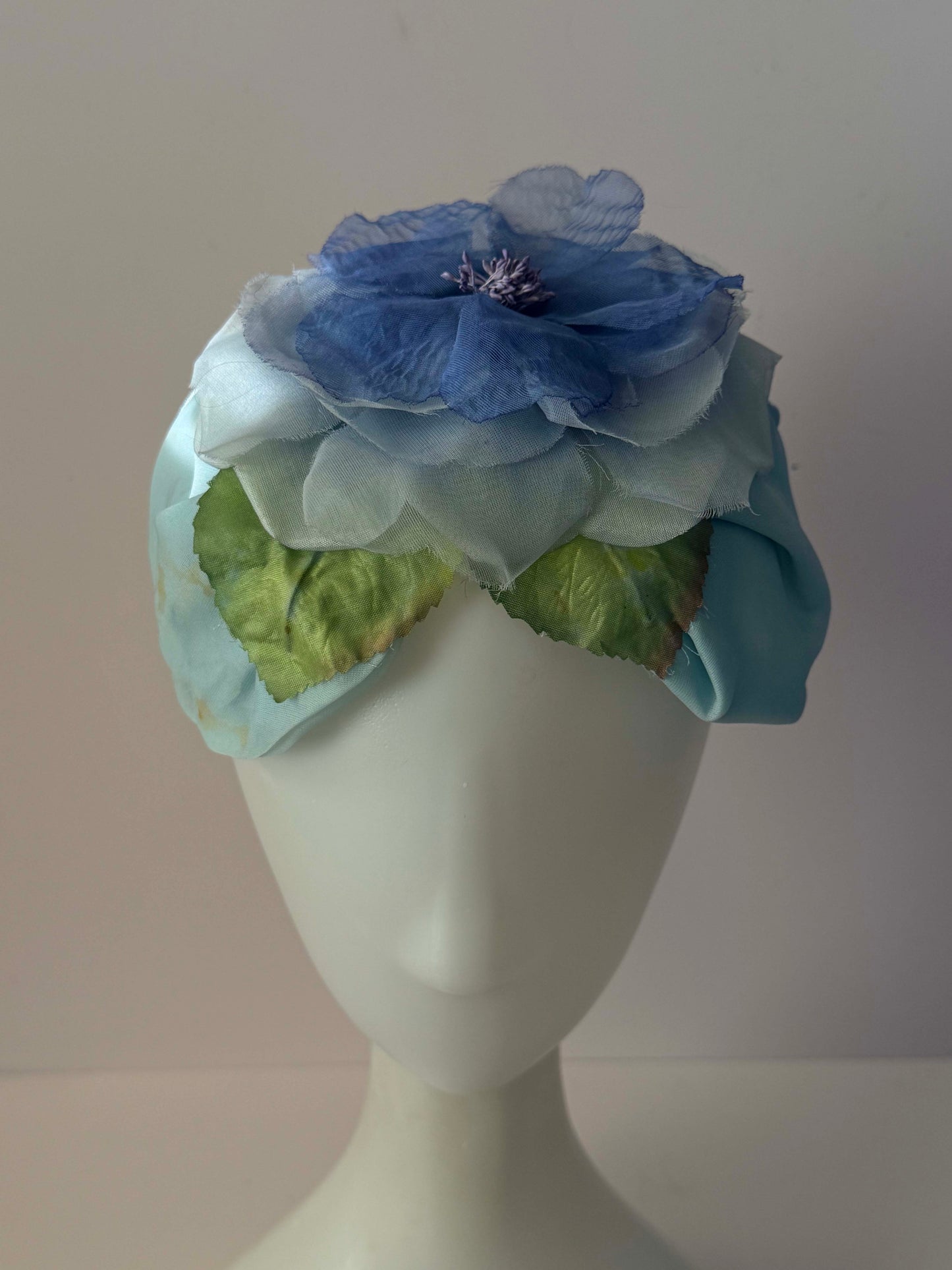 1950s Vintage Blue Floral Half Hat | Large Silk Flower Fascinator | Mid Century Garden Party Wedding Hat