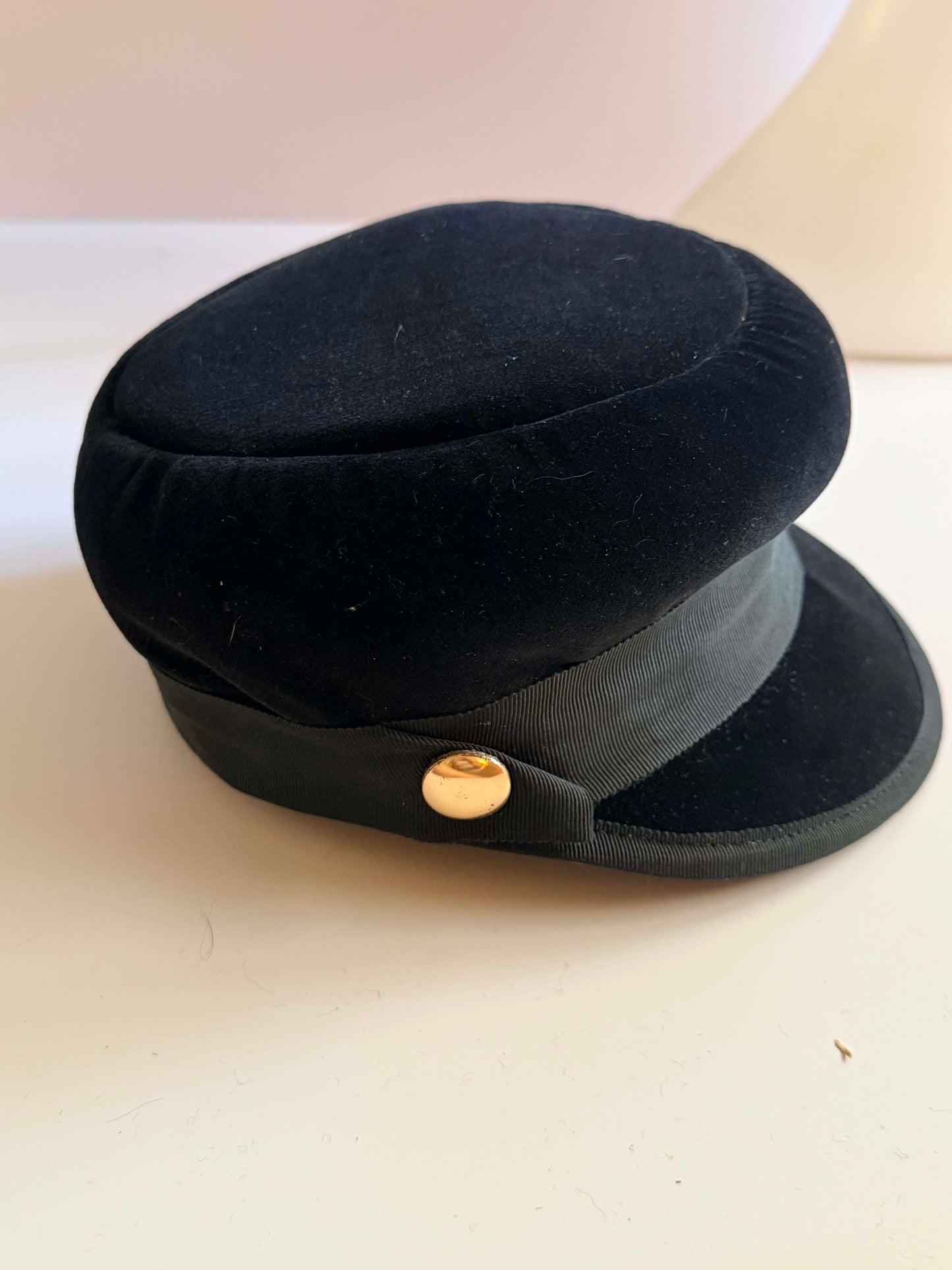 Vintage 1960s Black Velvet Newsboy Hat Military Cap Mod Gold Button Baker Boy Hat Structured Mid Century Cap