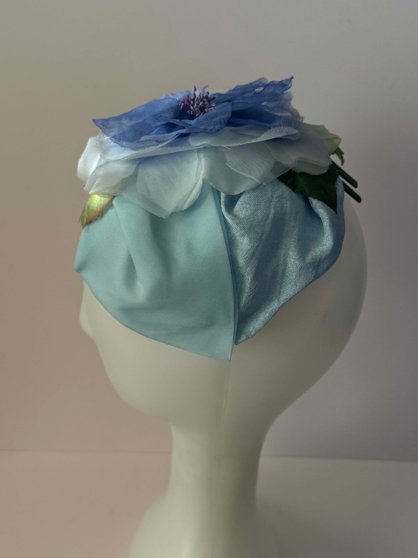 1950s Vintage Blue Floral Half Hat | Large Silk Flower Fascinator | Mid Century Garden Party Wedding Hat