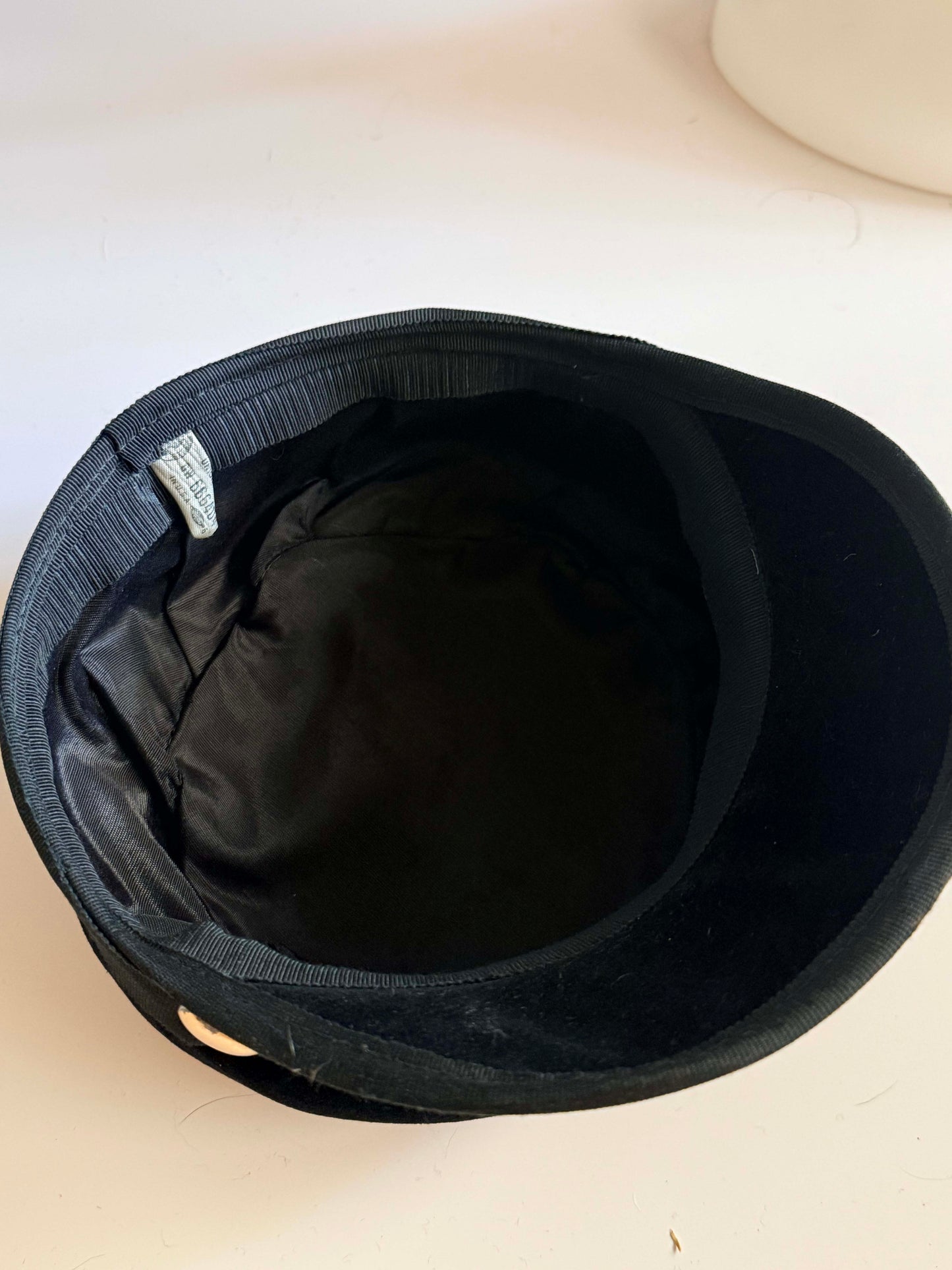 Vintage 1960s Black Velvet Newsboy Hat Military Cap Mod Gold Button Baker Boy Hat Structured Mid Century Cap