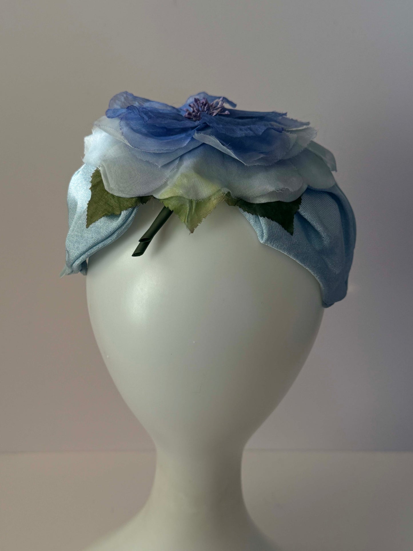 1950s Vintage Blue Floral Half Hat | Large Silk Flower Fascinator | Mid Century Garden Party Wedding Hat