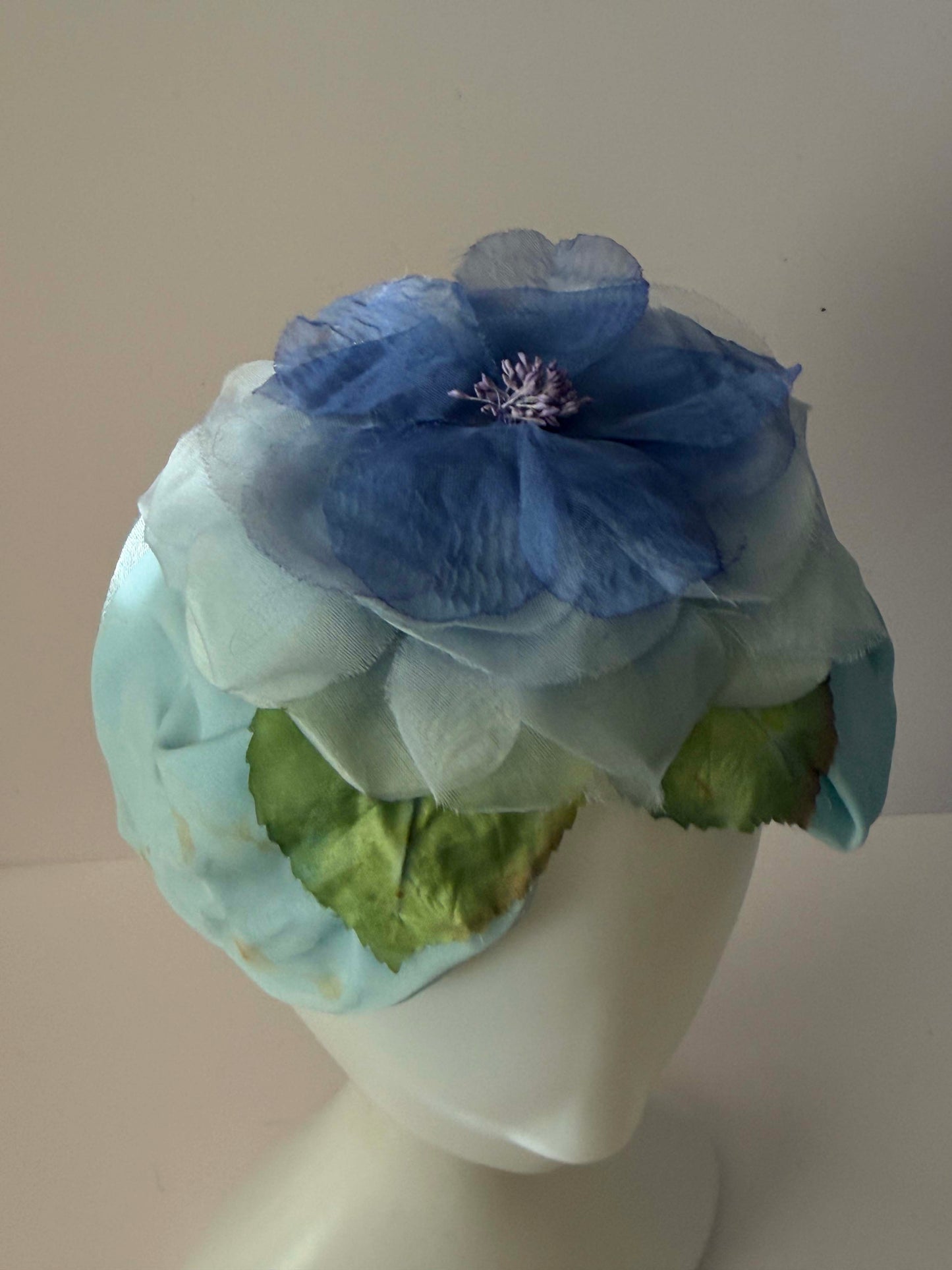 1950s Vintage Blue Floral Half Hat | Large Silk Flower Fascinator | Mid Century Garden Party Wedding Hat