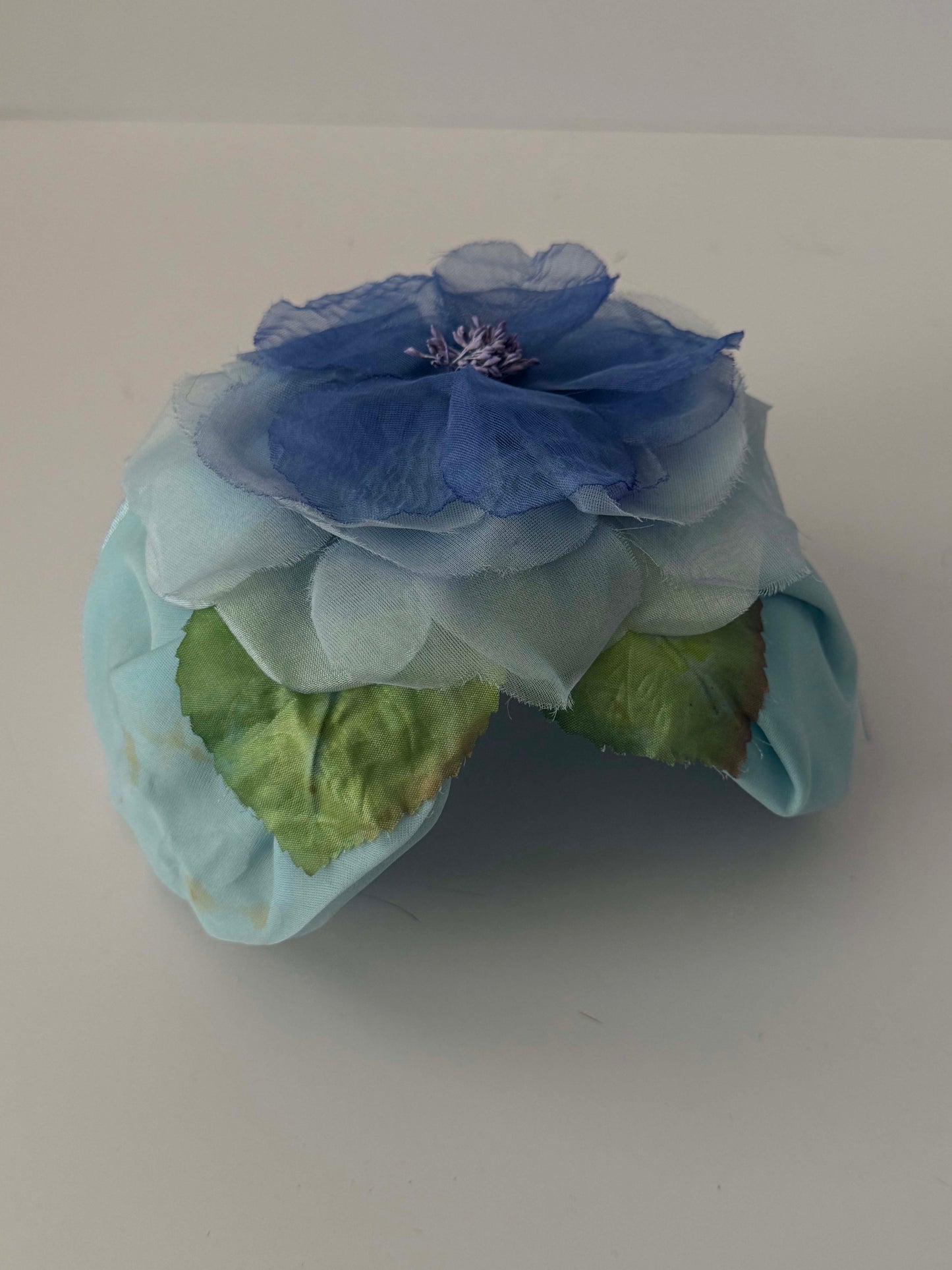 1950s Vintage Blue Floral Half Hat | Large Silk Flower Fascinator | Mid Century Garden Party Wedding Hat