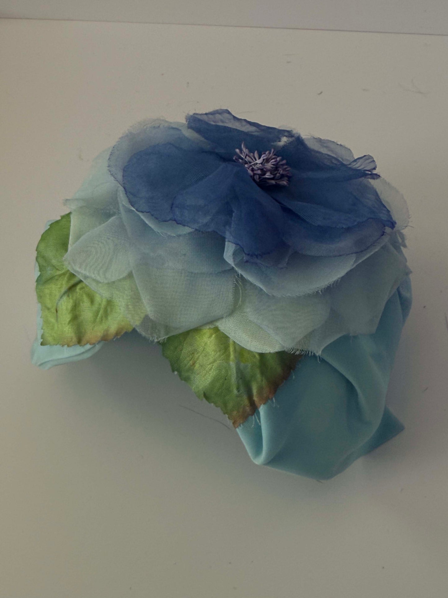 1950s Vintage Blue Floral Half Hat | Large Silk Flower Fascinator | Mid Century Garden Party Wedding Hat