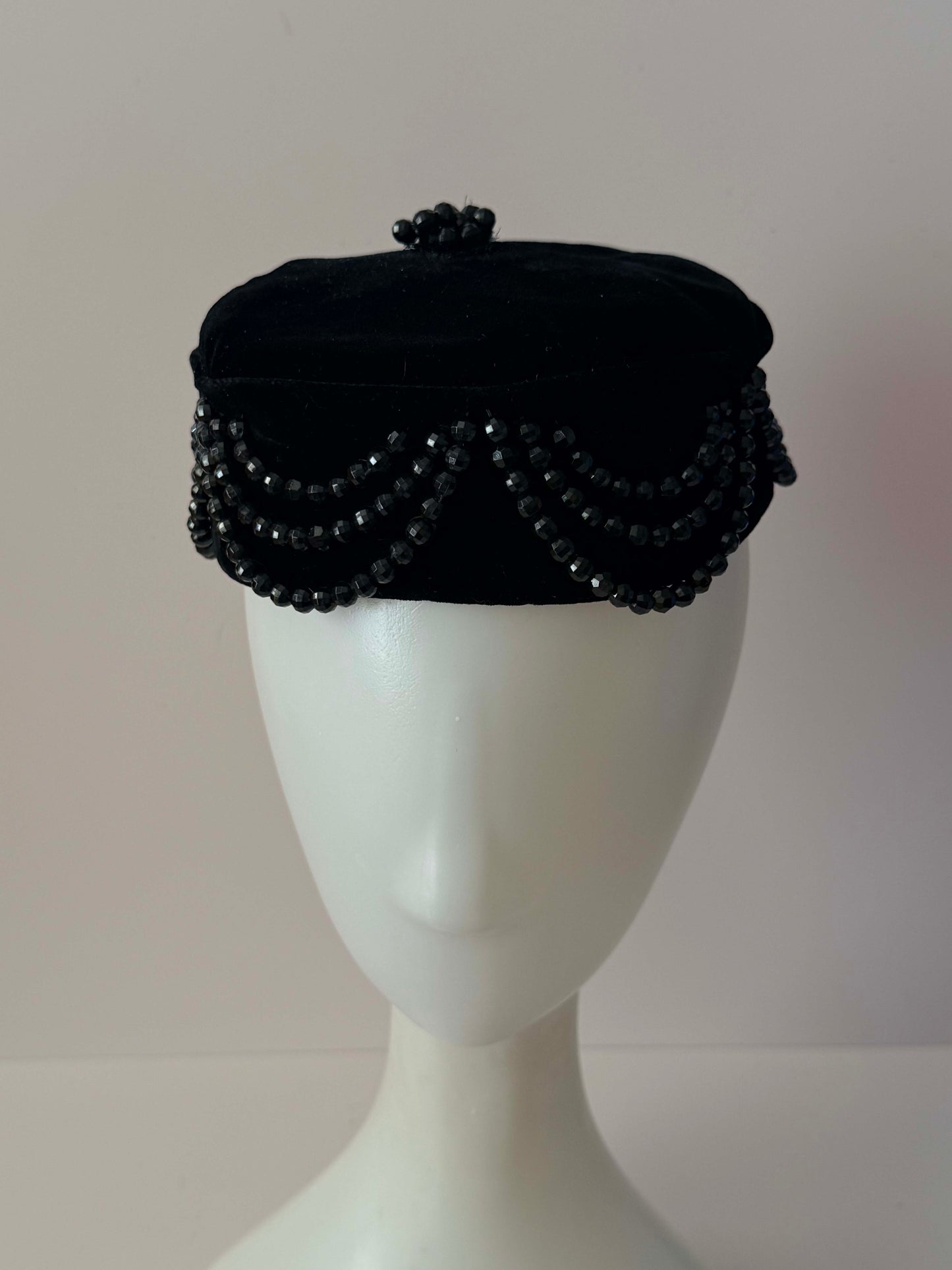 Vintage 1950s Sally Victor Black Velvet Pillbox Hat Jet Beaded Designer Cocktail Hat New York