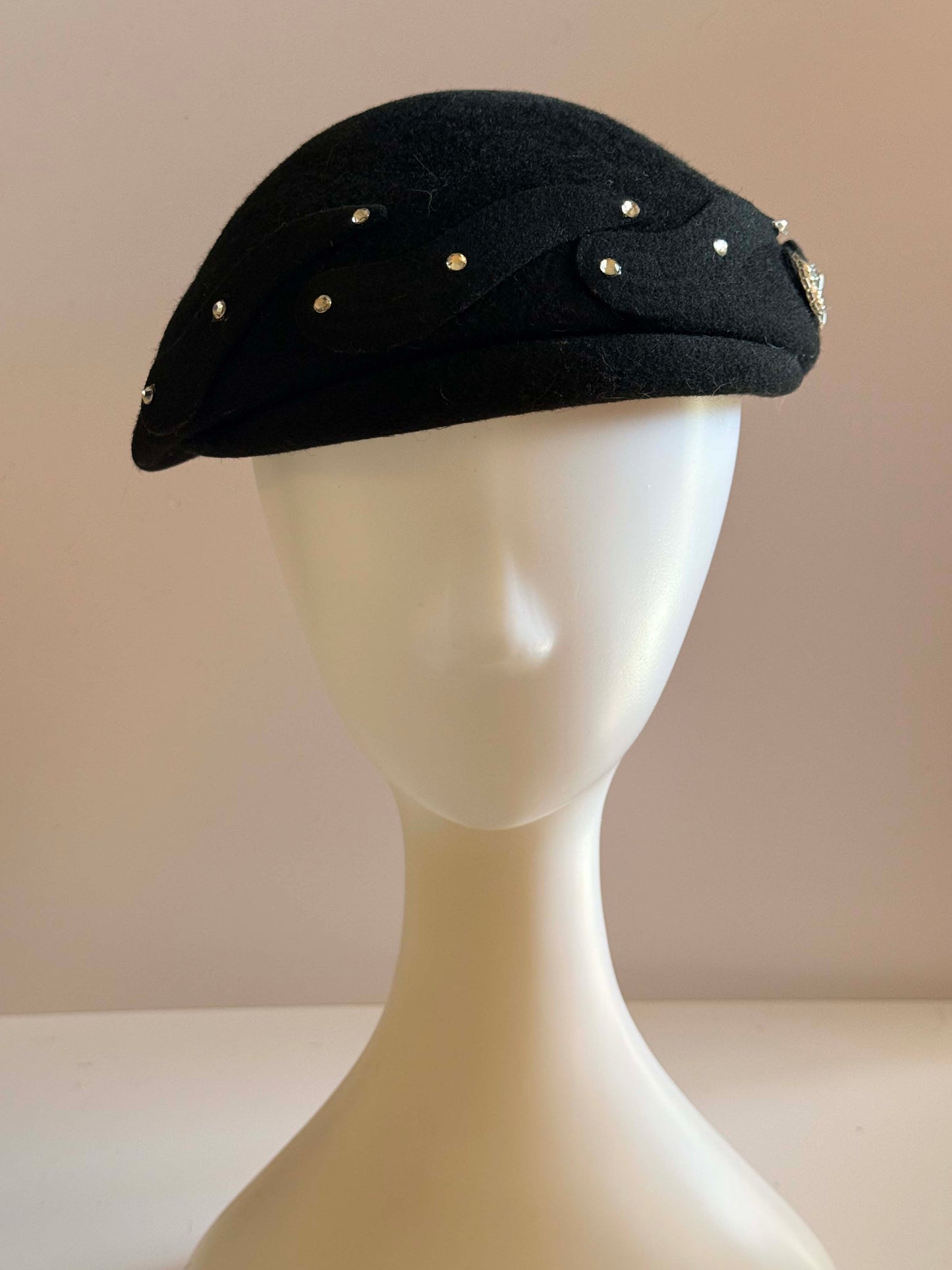 Vintage 1950s Black Felt Pillbox Hat Rhinestone Studded Cocktail Hat Sculptural Mid Century Millinery Evening Hat
