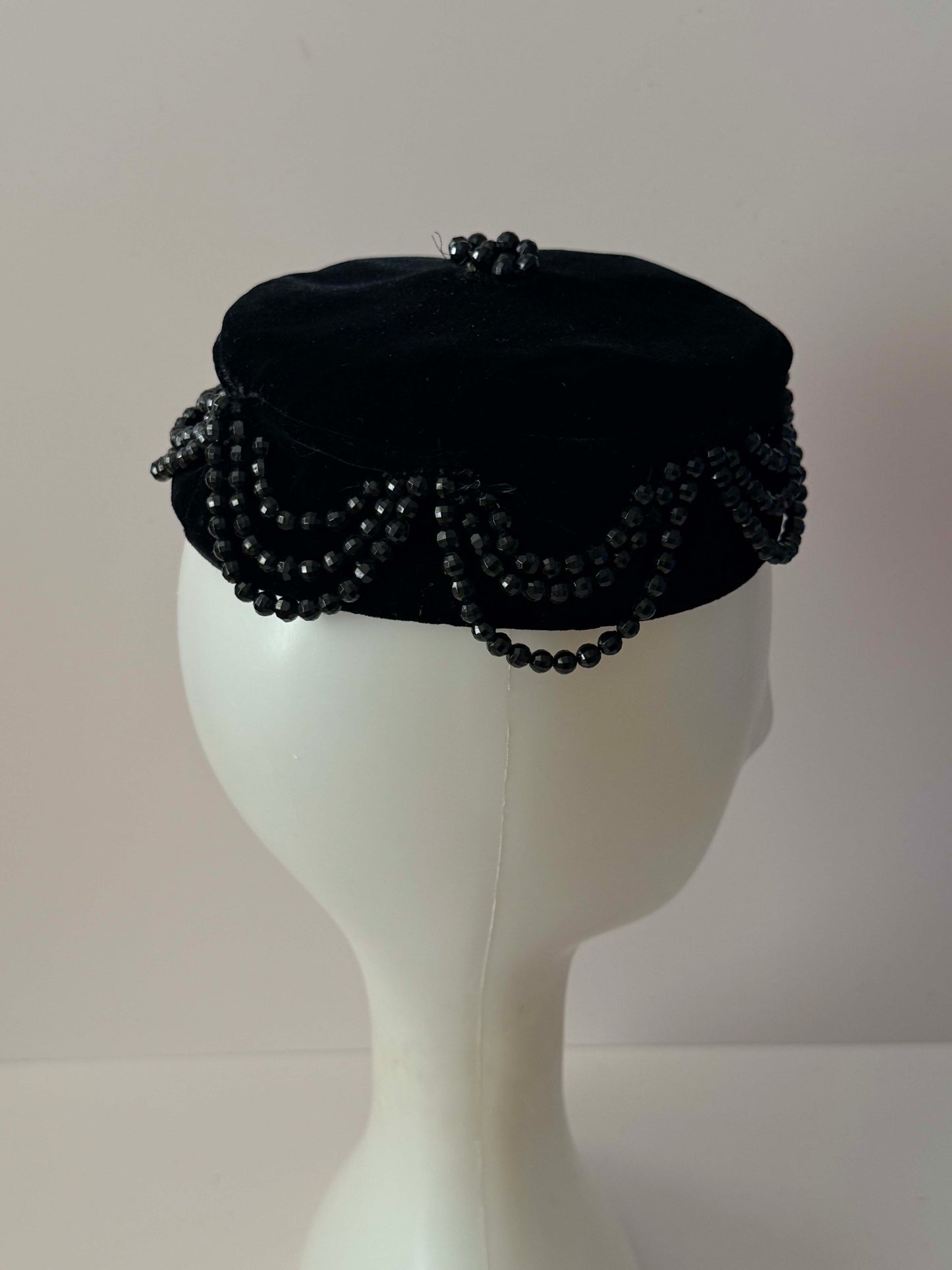 Vintage 1950s Sally Victor Black Velvet Pillbox Hat Jet Beaded Designer Cocktail Hat New York