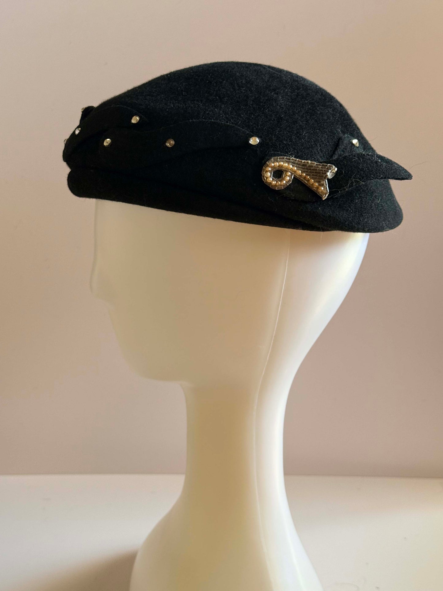 Vintage 1950s Black Felt Pillbox Hat Rhinestone Studded Cocktail Hat Sculptural Mid Century Millinery Evening Hat
