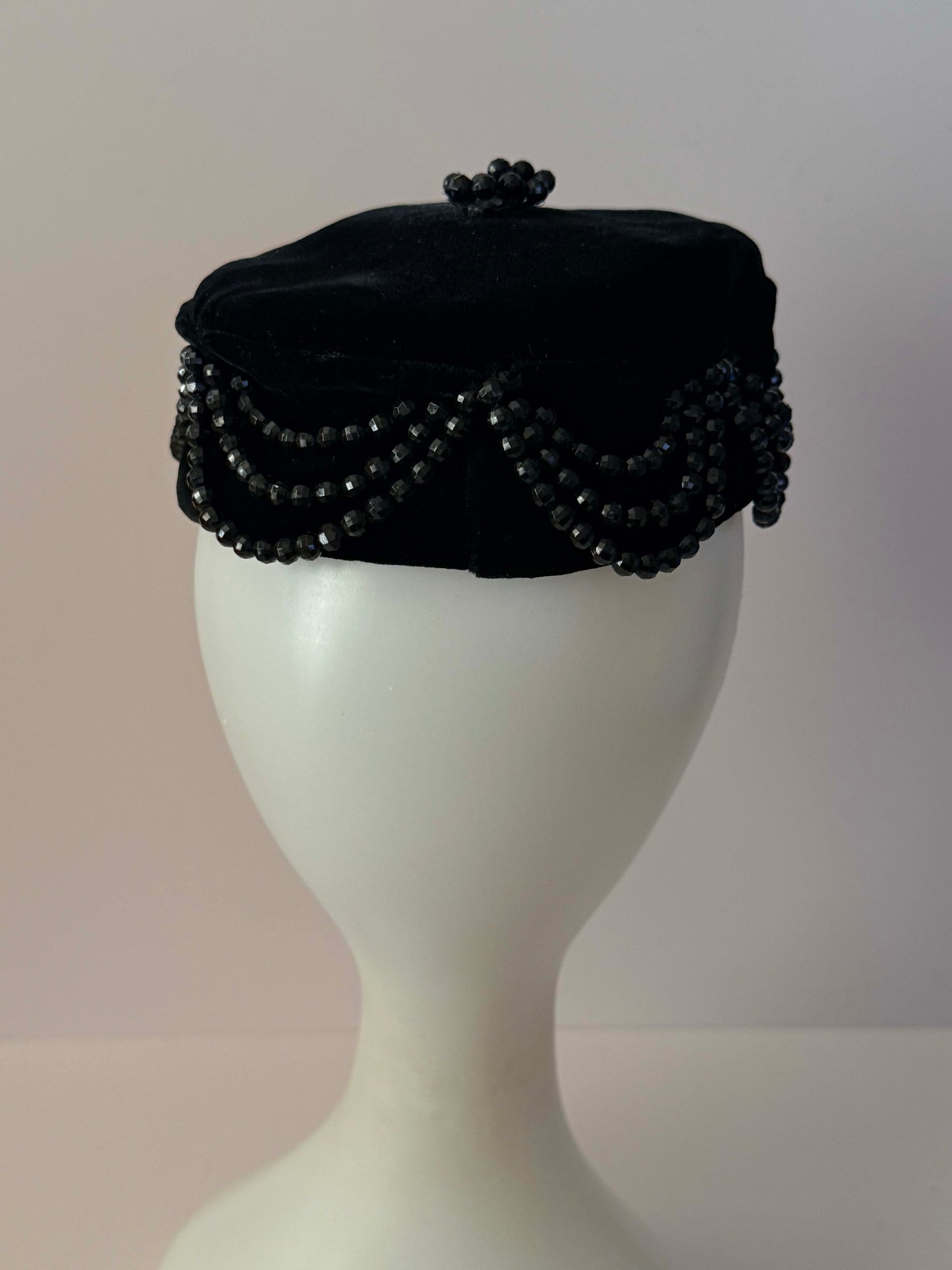 Vintage 1950s Sally Victor Black Velvet Pillbox Hat Jet Beaded Designer Cocktail Hat New York