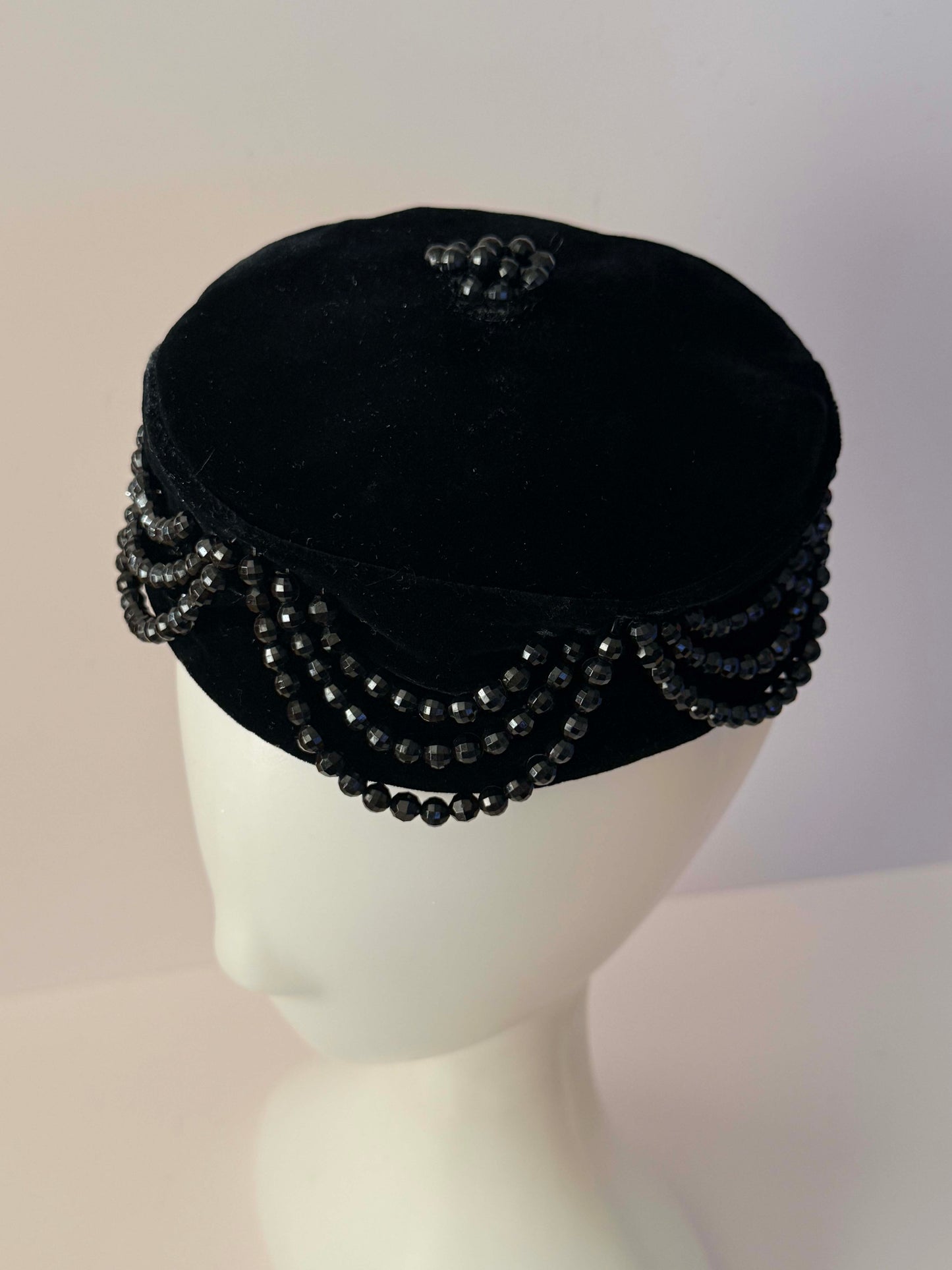 Vintage 1950s Sally Victor Black Velvet Pillbox Hat Jet Beaded Designer Cocktail Hat New York