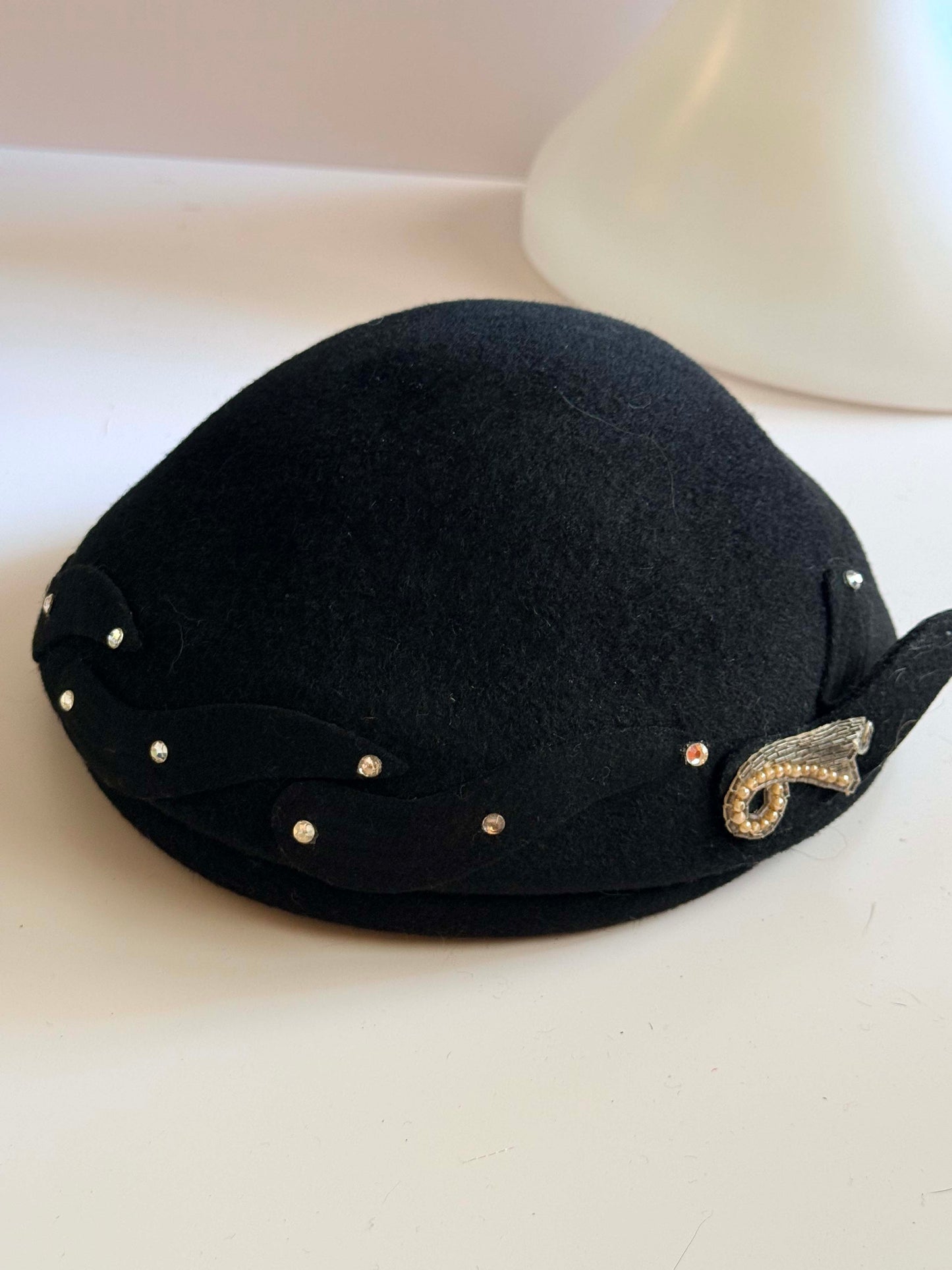 Vintage 1950s Black Felt Pillbox Hat Rhinestone Studded Cocktail Hat Sculptural Mid Century Millinery Evening Hat