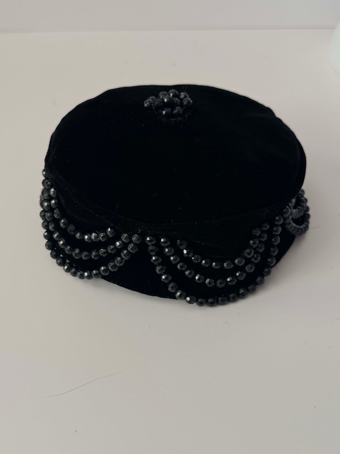 Vintage 1950s Sally Victor Black Velvet Pillbox Hat Jet Beaded Designer Cocktail Hat New York