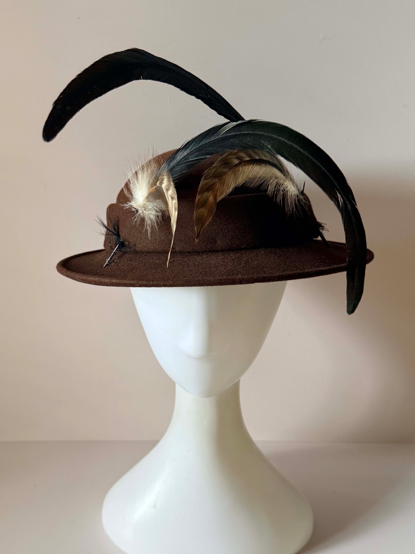 Vintage 1950s Brown Felt Hat D’Vourille Original by Gerber Feather Plume Mid Century Women’s Hat