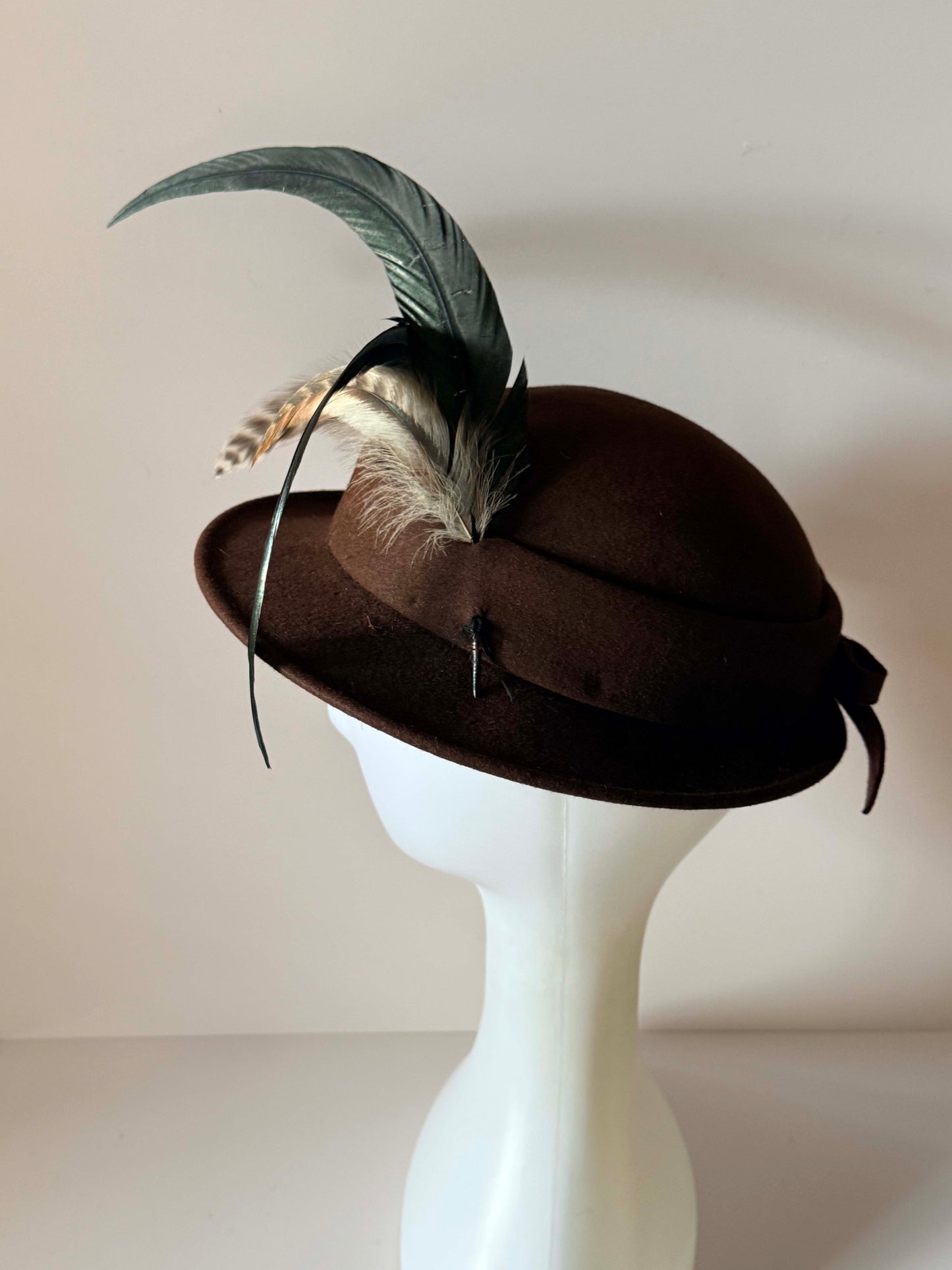 Vintage 1950s Brown Felt Hat D’Vourille Original by Gerber Feather Plume Mid Century Women’s Hat