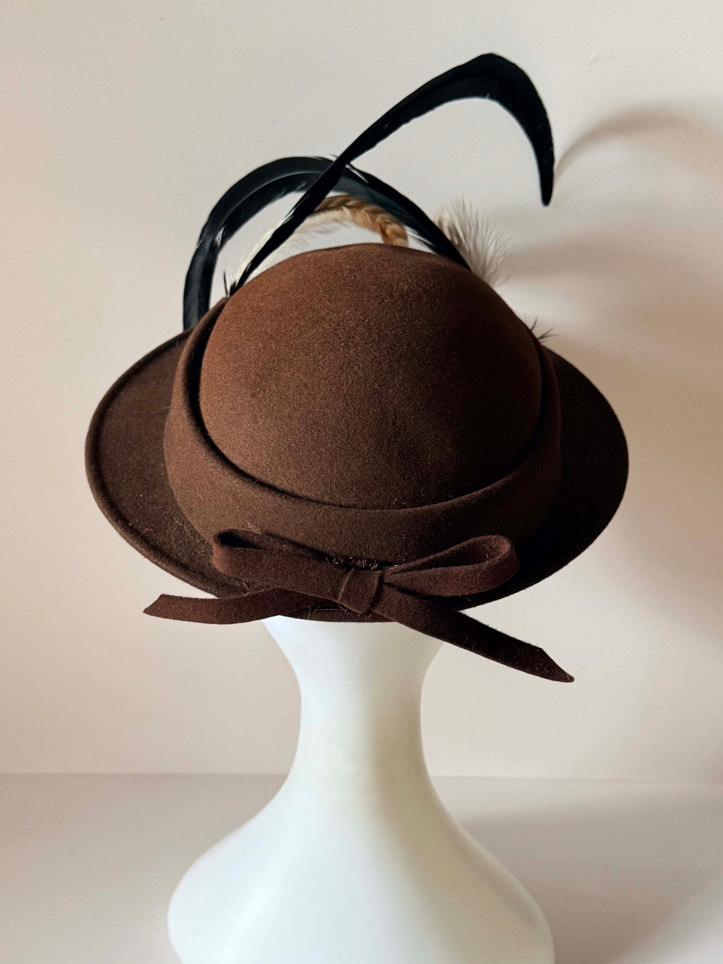 Vintage 1950s Brown Felt Hat D’Vourille Original by Gerber Feather Plume Mid Century Women’s Hat