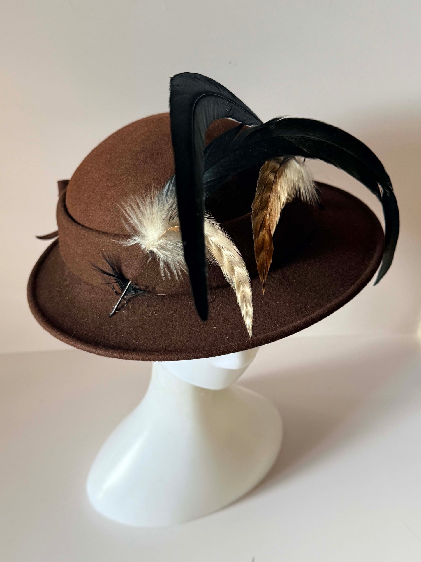 Vintage 1950s Brown Felt Hat D’Vourille Original by Gerber Feather Plume Mid Century Women’s Hat