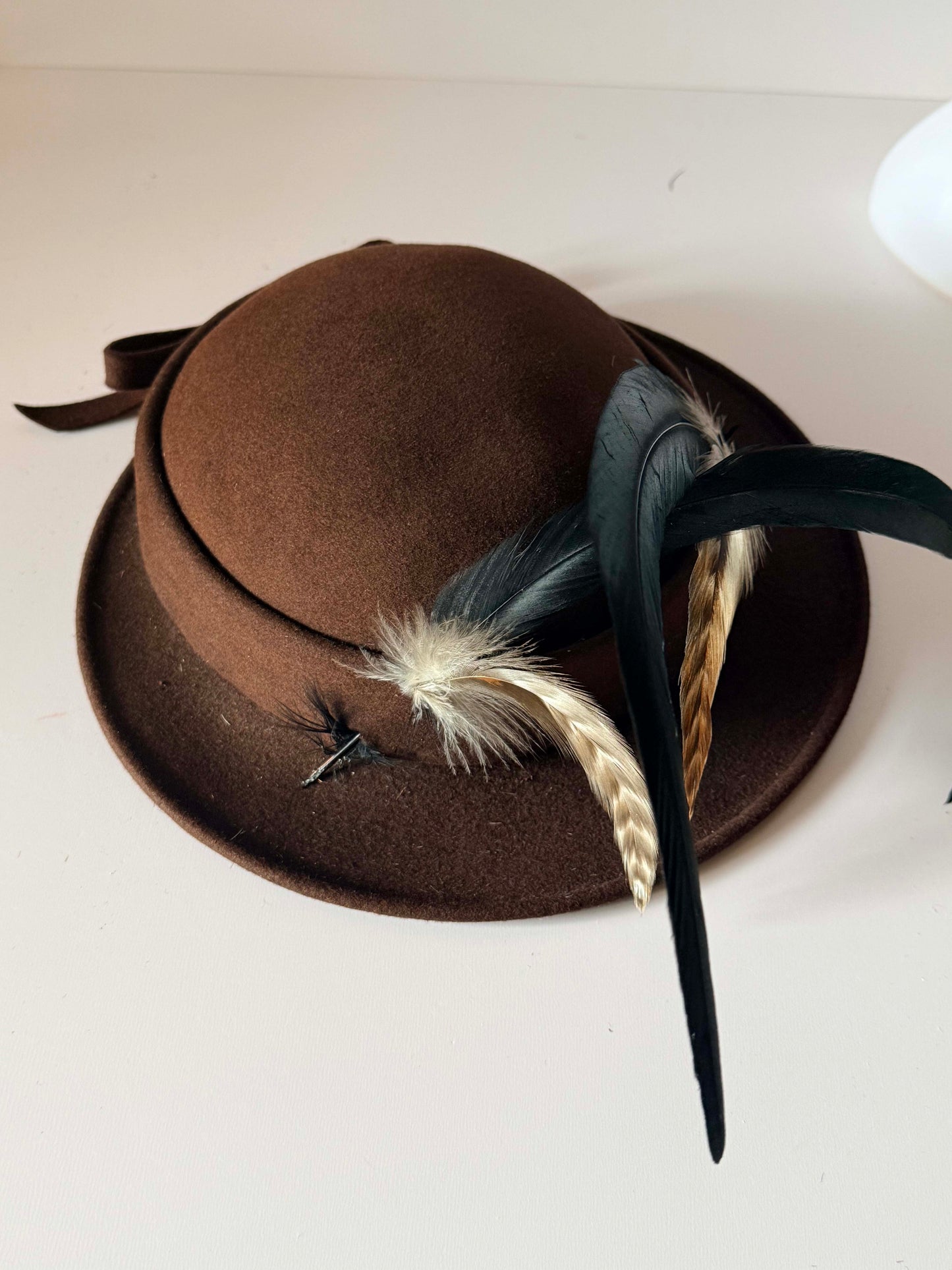 Vintage 1950s Brown Felt Hat D’Vourille Original by Gerber Feather Plume Mid Century Women’s Hat