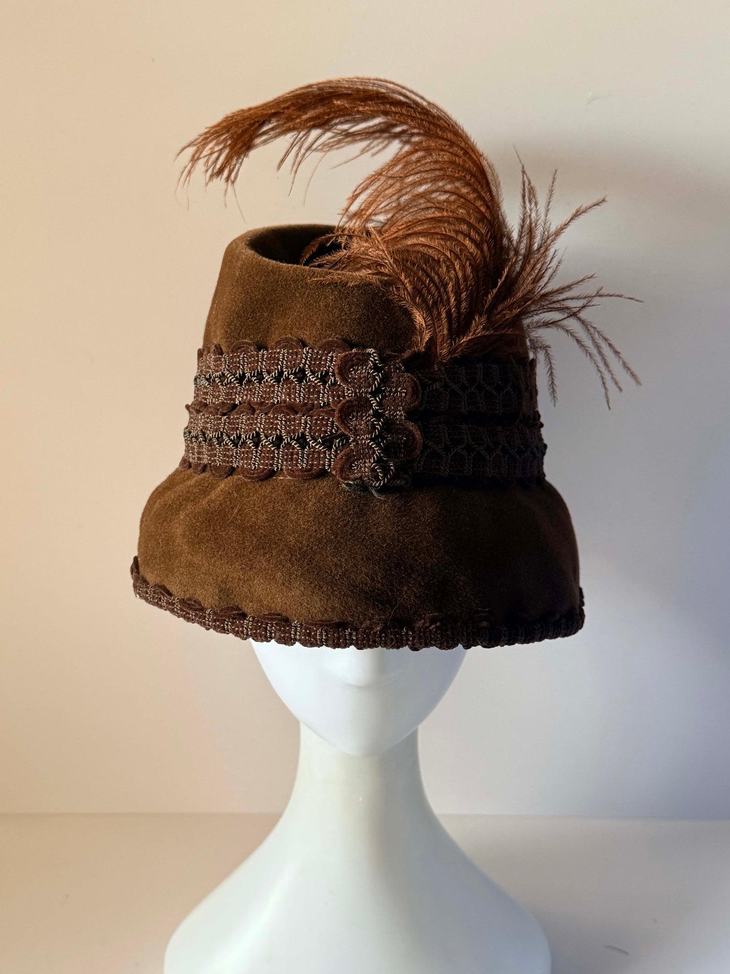 Vintage 1940s Brown Felt Hat | Ostrich Feather Tilt Hat | Brown Passementerie Trim | WWII Era Womens Millinery