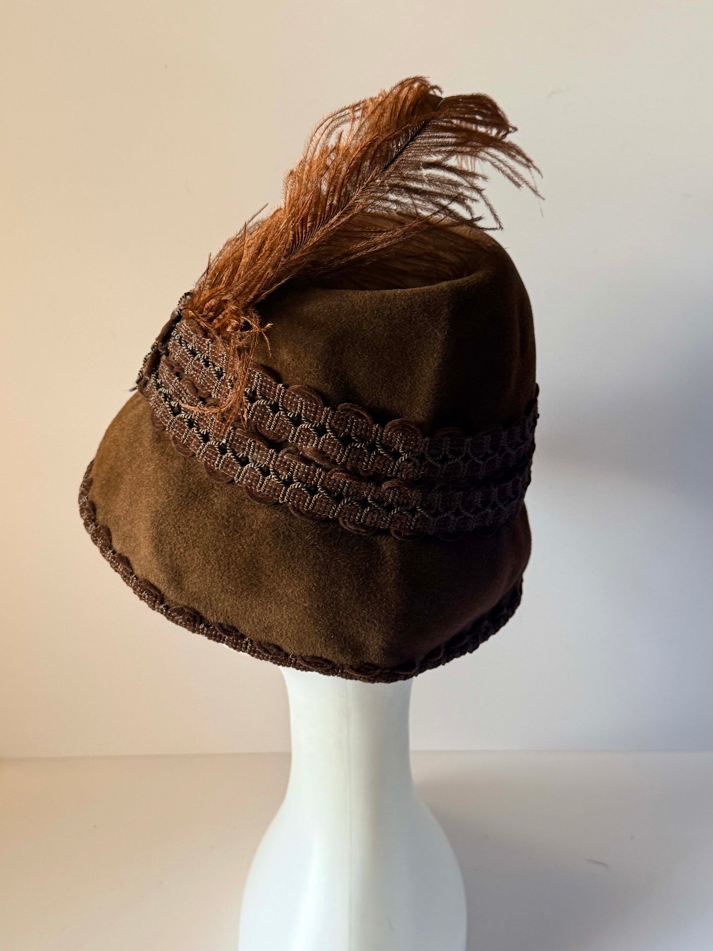 Vintage 1940s Brown Felt Hat | Ostrich Feather Tilt Hat | Brown Passementerie Trim | WWII Era Womens Millinery