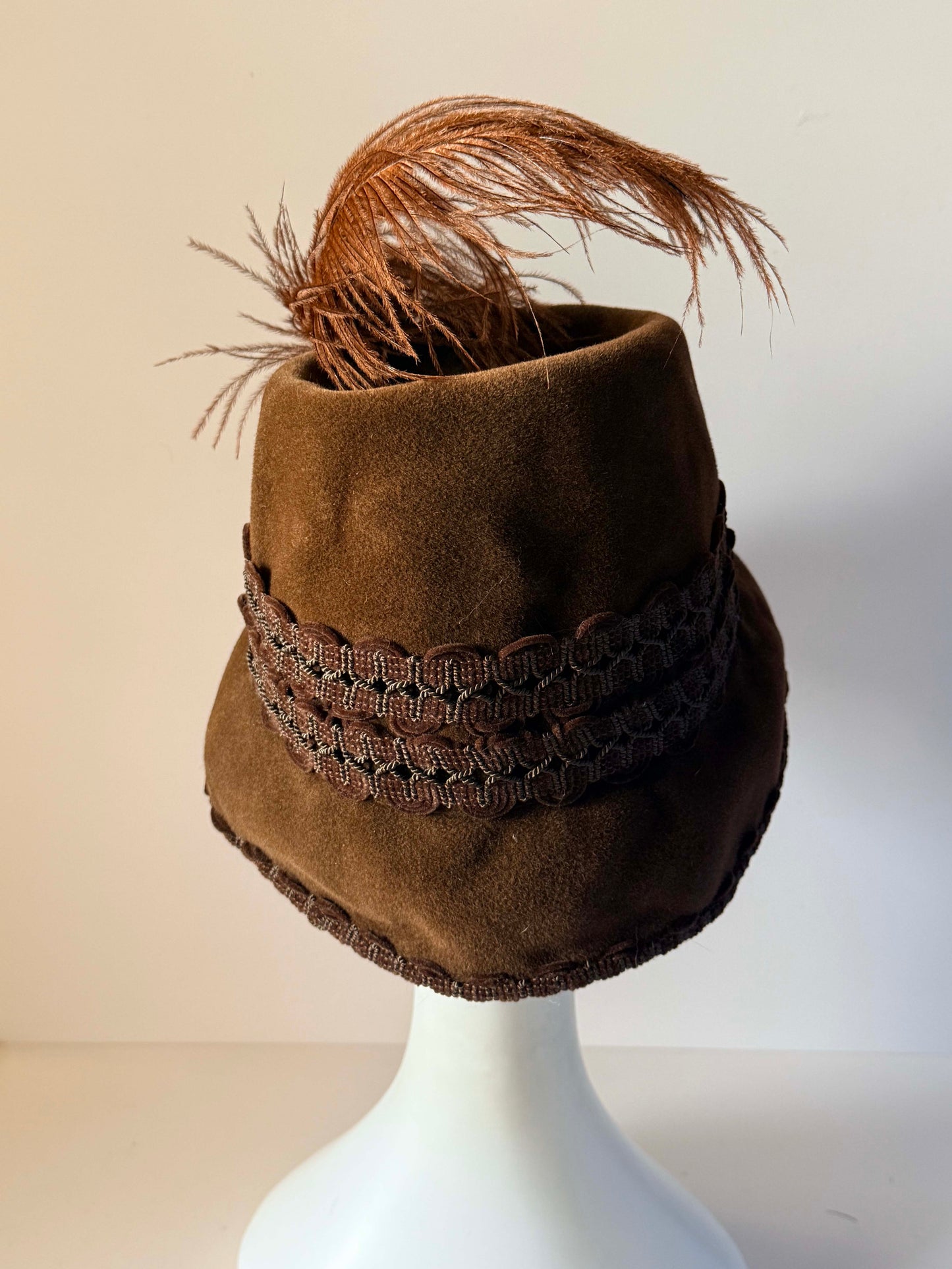 Vintage 1940s Brown Felt Hat | Ostrich Feather Tilt Hat | Brown Passementerie Trim | WWII Era Womens Millinery