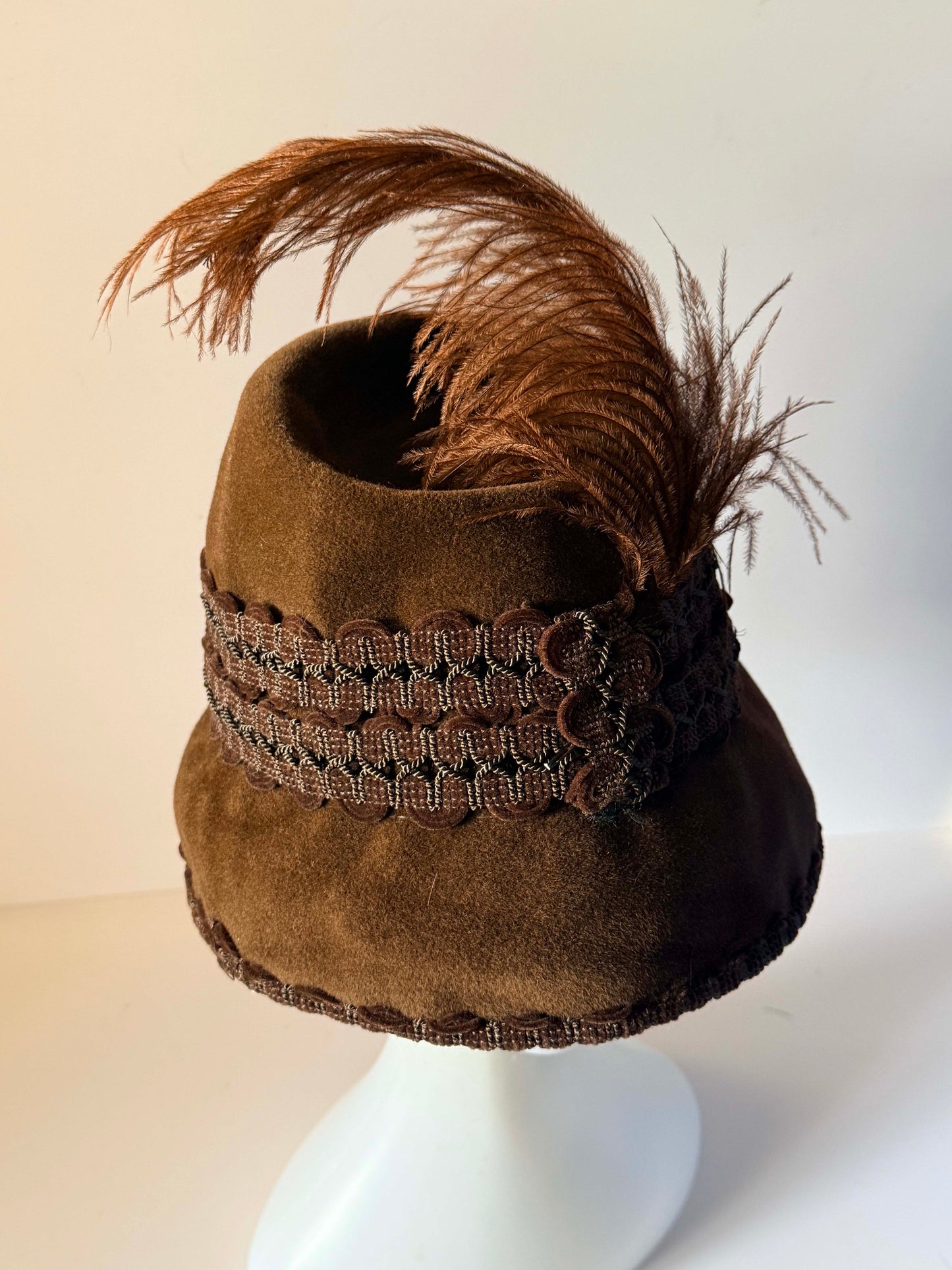 Vintage 1940s Brown Felt Hat | Ostrich Feather Tilt Hat | Brown Passementerie Trim | WWII Era Womens Millinery