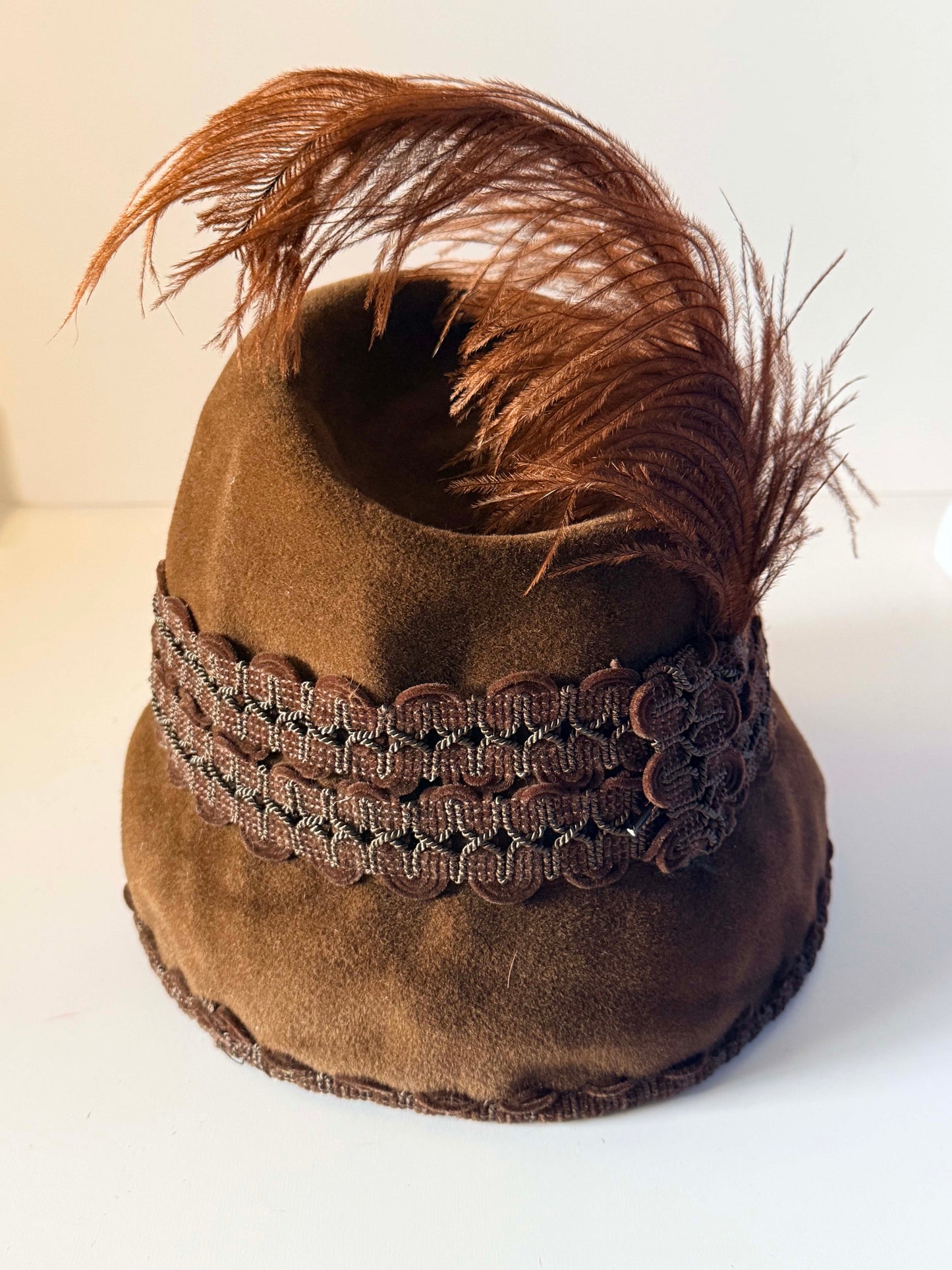 Vintage 1940s Brown Felt Hat | Ostrich Feather Tilt Hat | Brown Passementerie Trim | WWII Era Womens Millinery