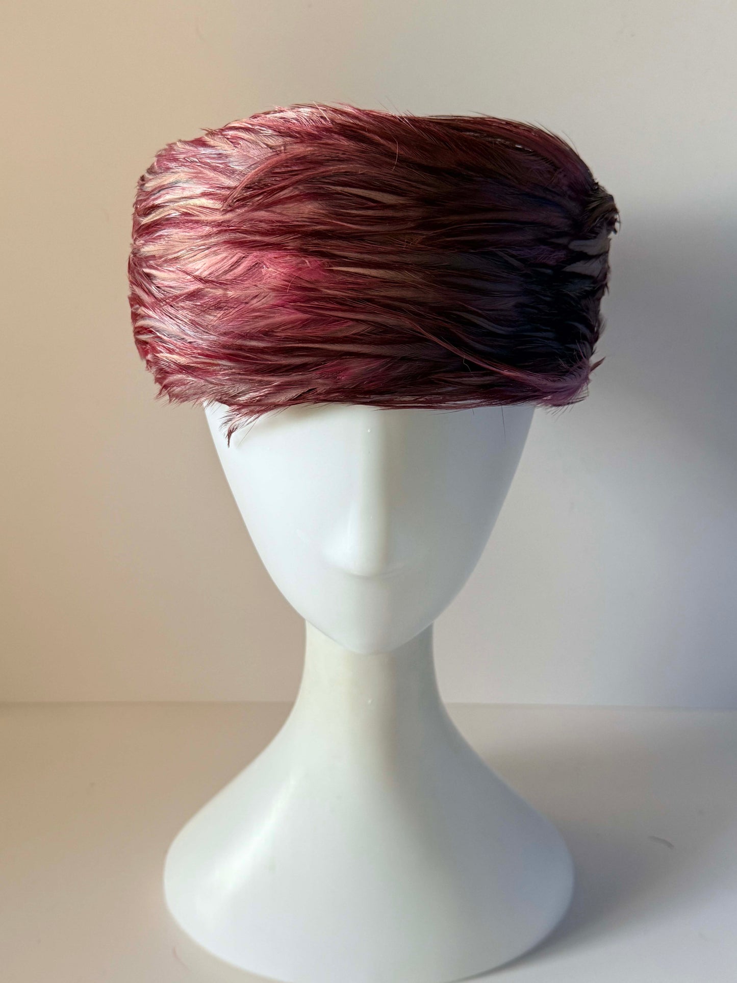 Vintage 1960s John Andrew of California Pink Feather Pillbox Hat Mauve Plum Feather Cocktail Hat Mid Century Millinery