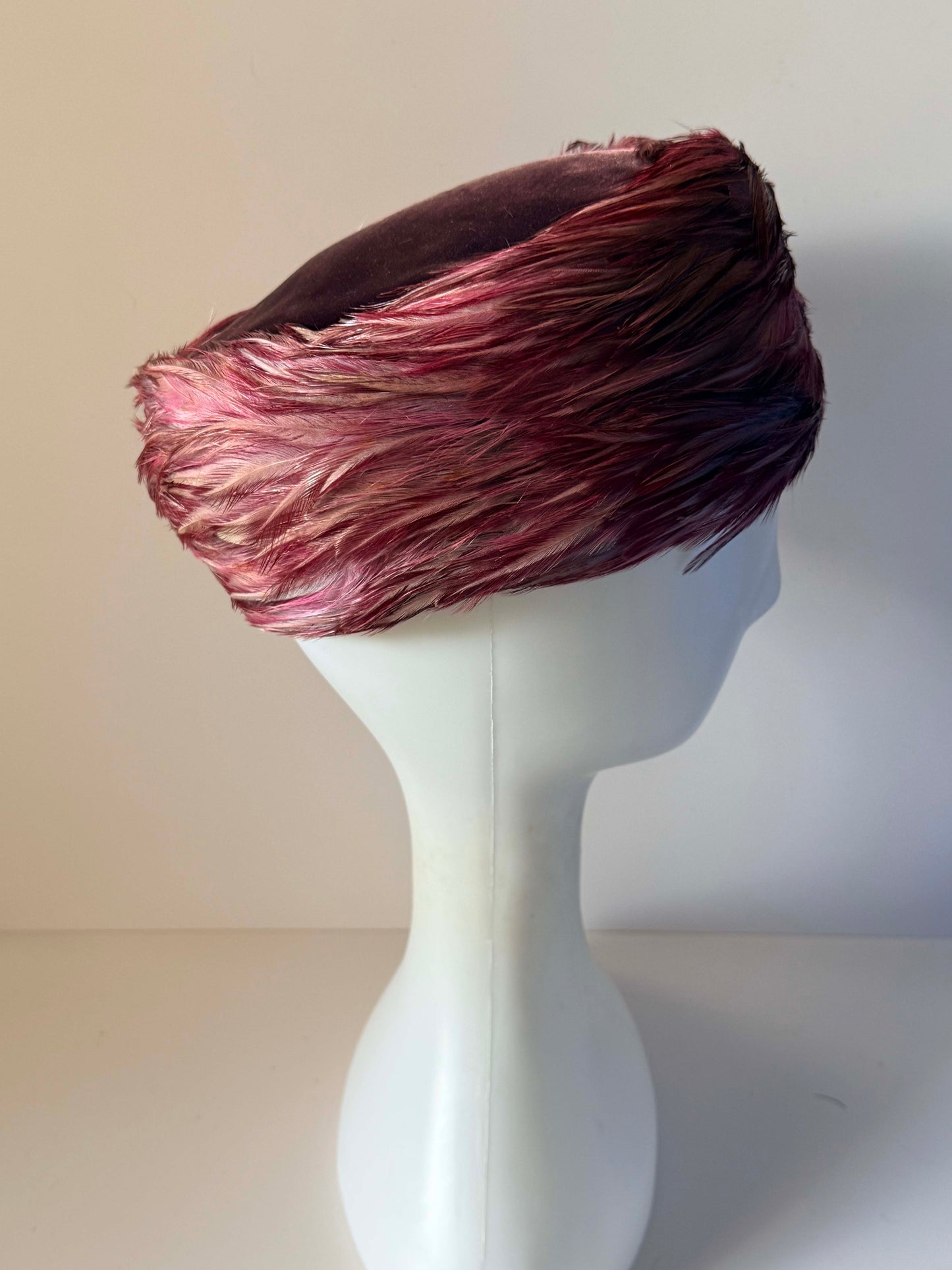 Vintage 1960s John Andrew of California Pink Feather Pillbox Hat Mauve Plum Feather Cocktail Hat Mid Century Millinery