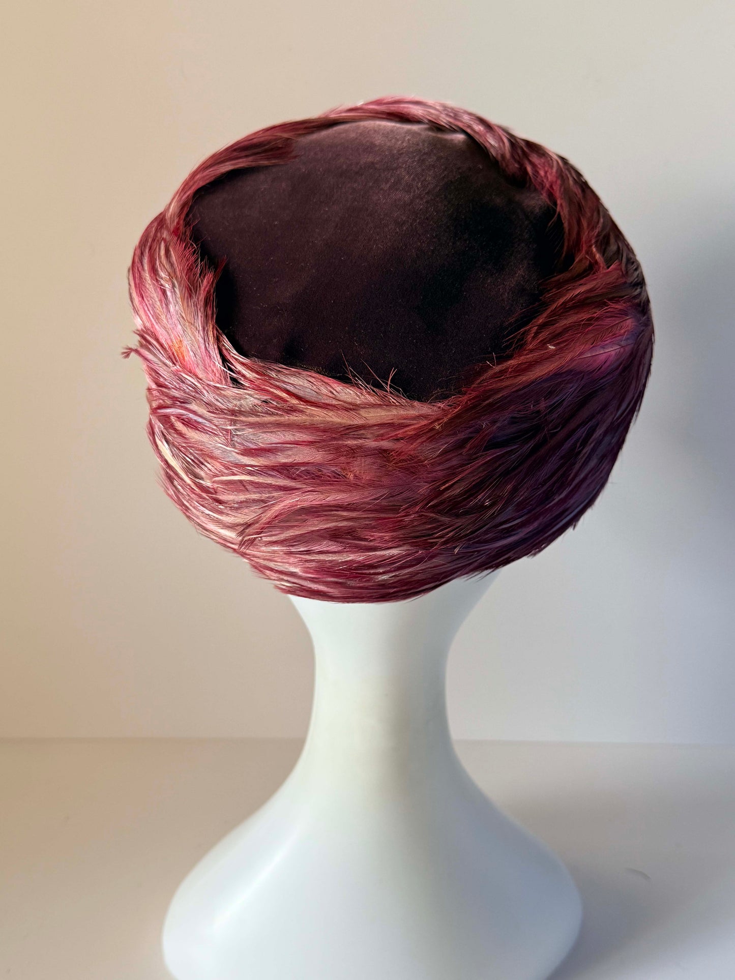 Vintage 1960s John Andrew of California Pink Feather Pillbox Hat Mauve Plum Feather Cocktail Hat Mid Century Millinery