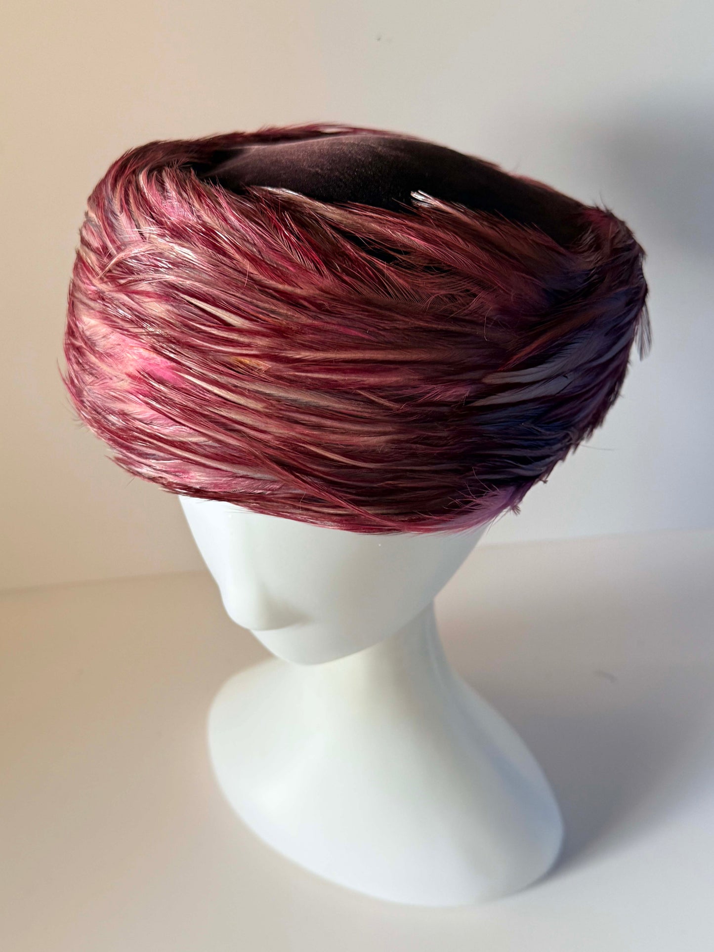 Vintage 1960s John Andrew of California Pink Feather Pillbox Hat Mauve Plum Feather Cocktail Hat Mid Century Millinery
