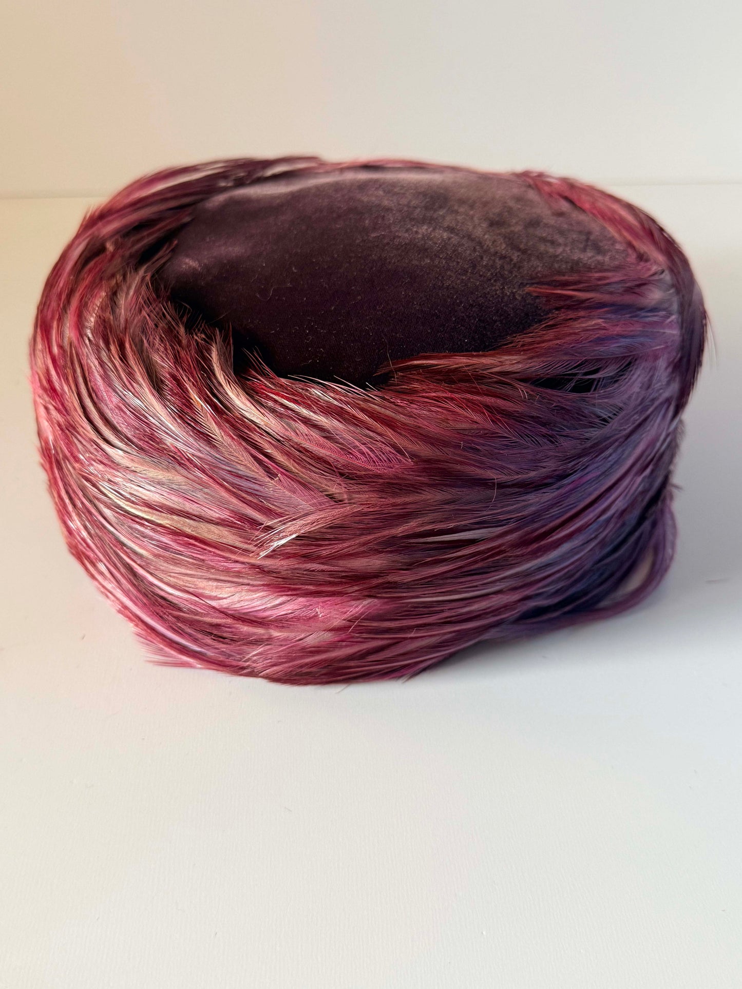 Vintage 1960s John Andrew of California Pink Feather Pillbox Hat Mauve Plum Feather Cocktail Hat Mid Century Millinery