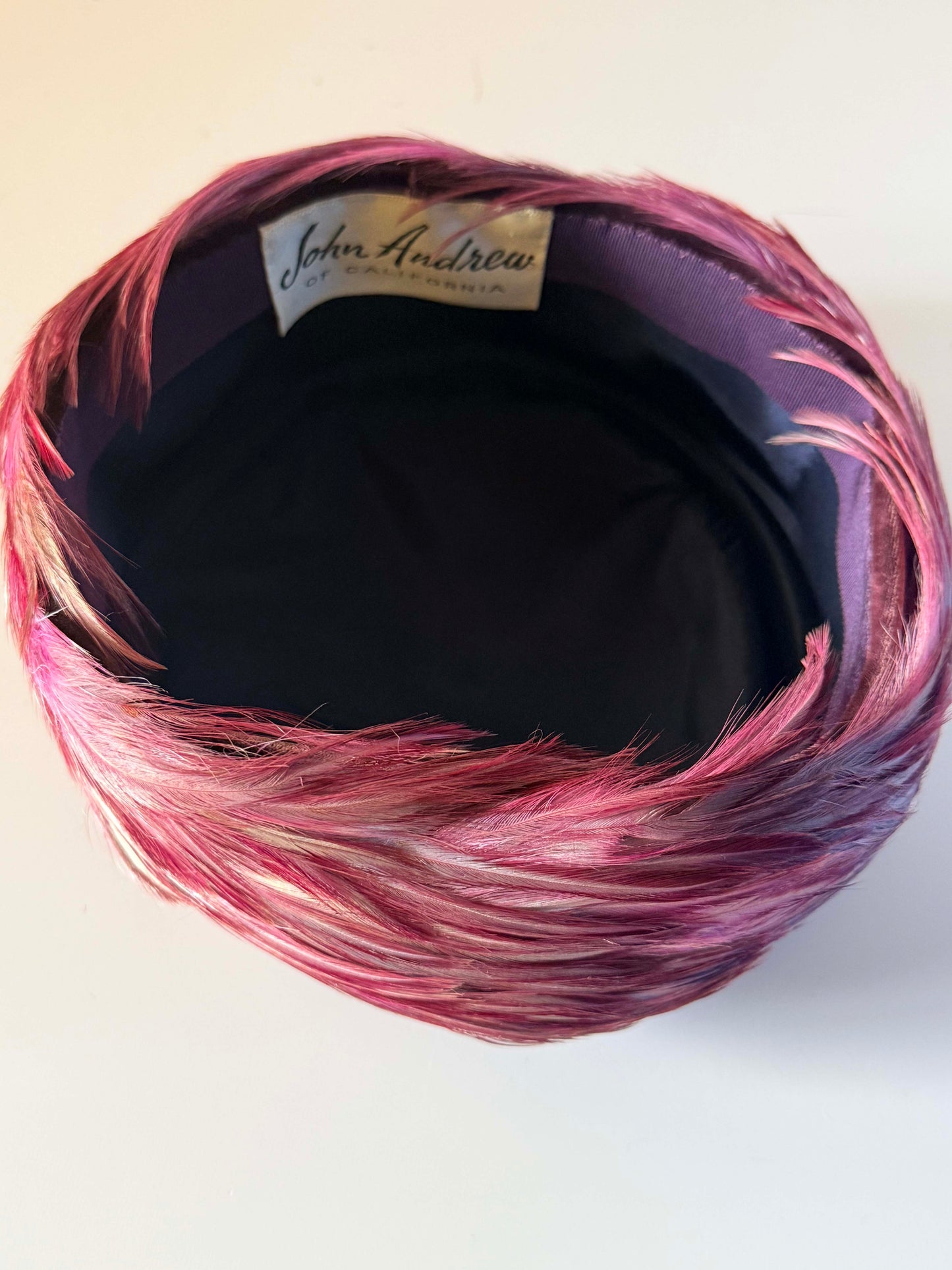 Vintage 1960s John Andrew of California Pink Feather Pillbox Hat Mauve Plum Feather Cocktail Hat Mid Century Millinery
