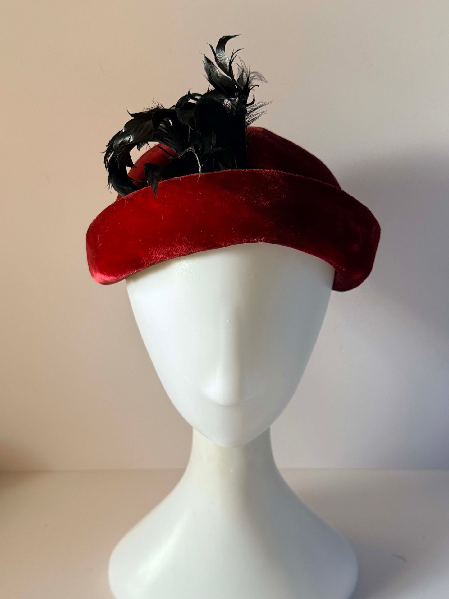 Vintage 1940s Red Velvet Hat Black Feather Trim Sculpted Brim Tilt Hat Cocktail Hat WWII Era Millinery