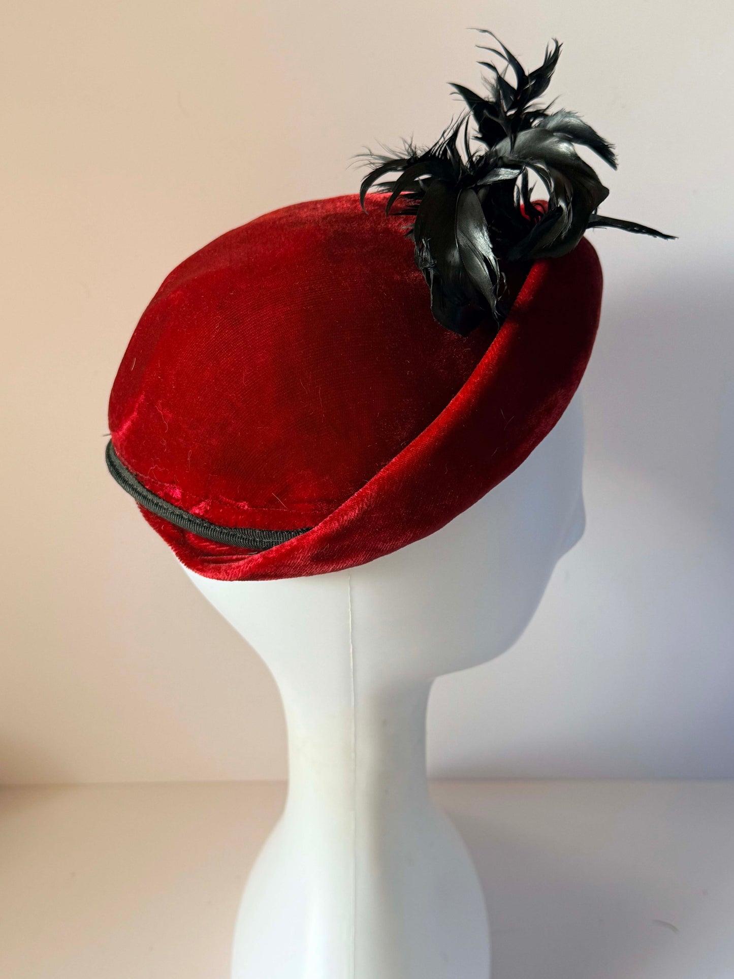 Vintage 1940s Red Velvet Hat Black Feather Trim Sculpted Brim Tilt Hat Cocktail Hat WWII Era Millinery