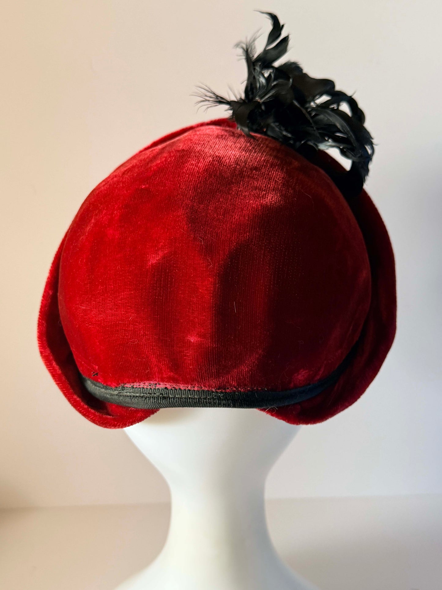 Vintage 1940s Red Velvet Hat Black Feather Trim Sculpted Brim Tilt Hat Cocktail Hat WWII Era Millinery