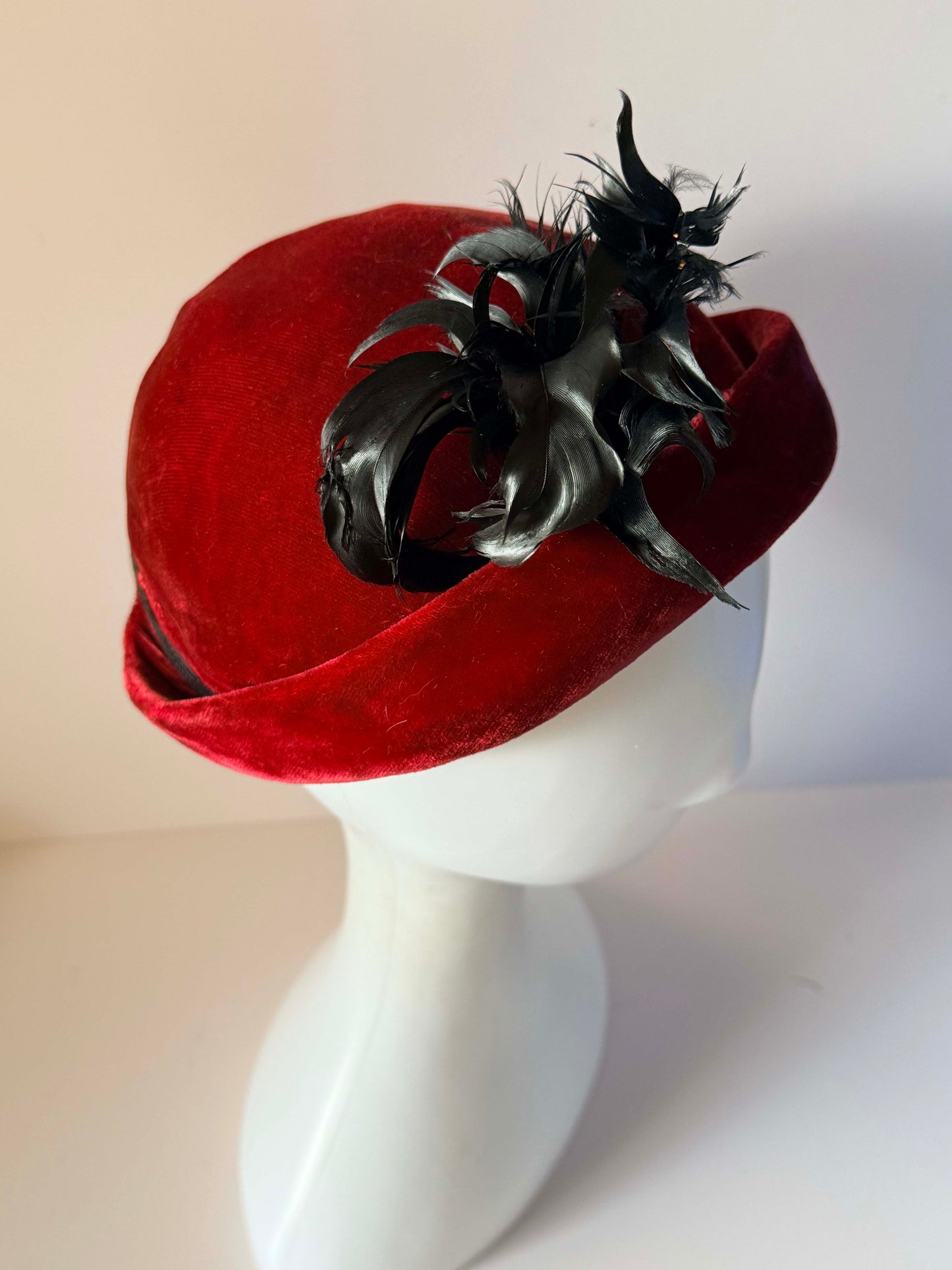 Vintage 1940s Red Velvet Hat Black Feather Trim Sculpted Brim Tilt Hat Cocktail Hat WWII Era Millinery